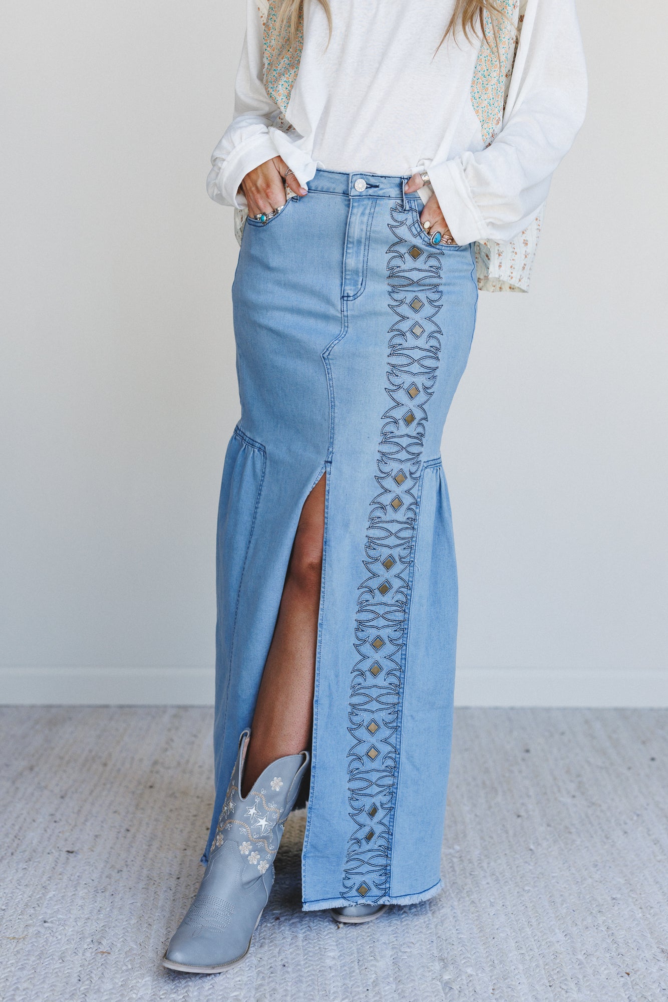 Honey Dust Denim Maxi Skirt - Light Wash