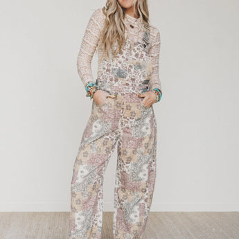 Vintage Boho Denim Overalls - Taupe Multi XL / Taupe Multi