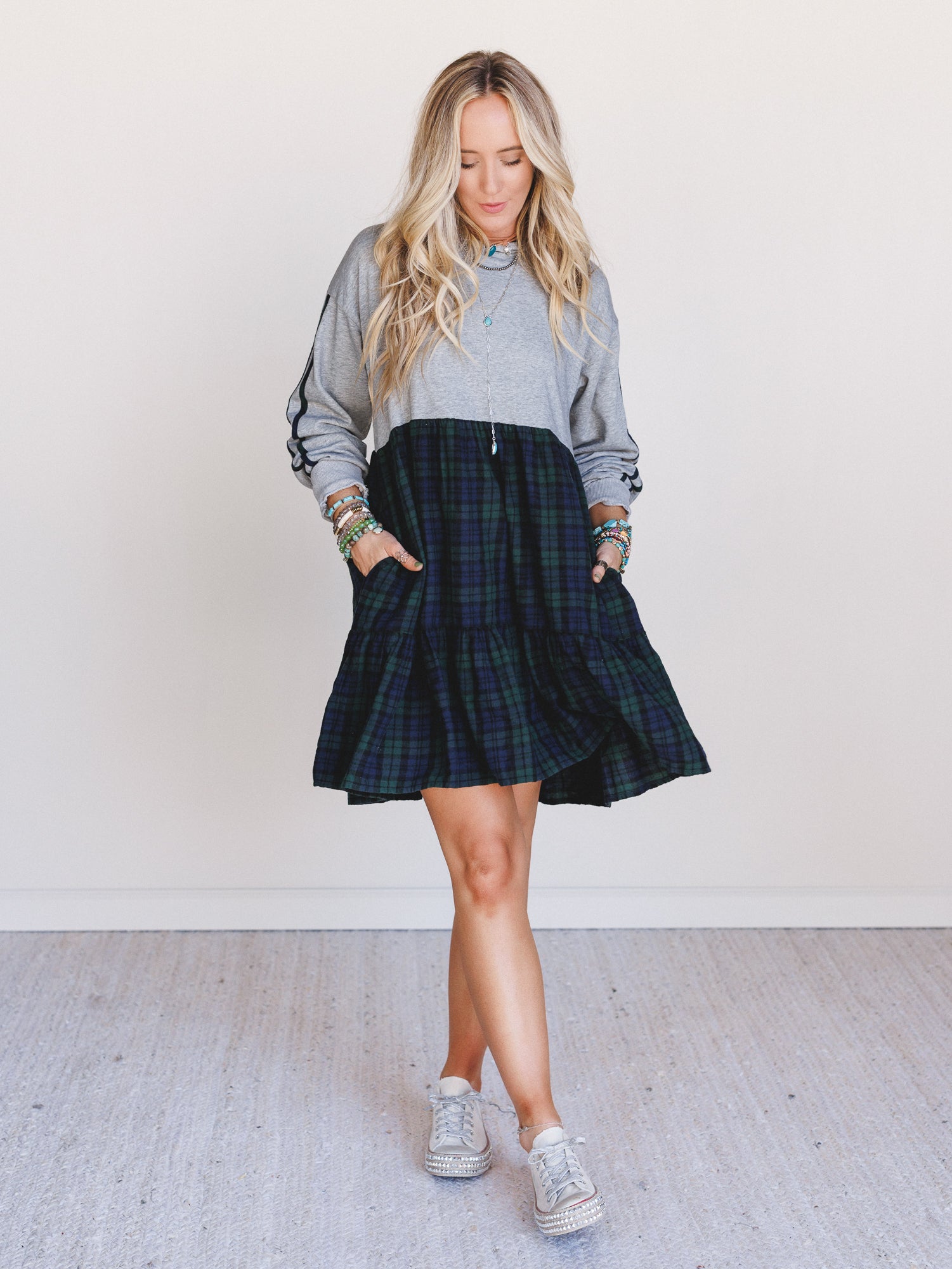 Honor Roll Plaid Mix Dress - Heather Grey