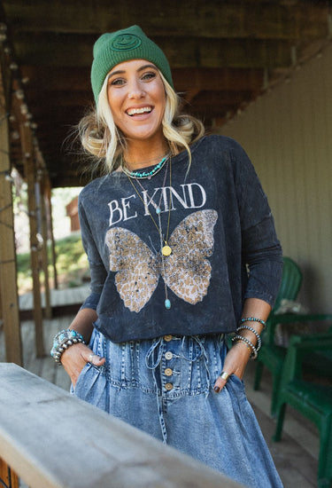 Be Kind Long Sleeve Graphic Top - Charcoal