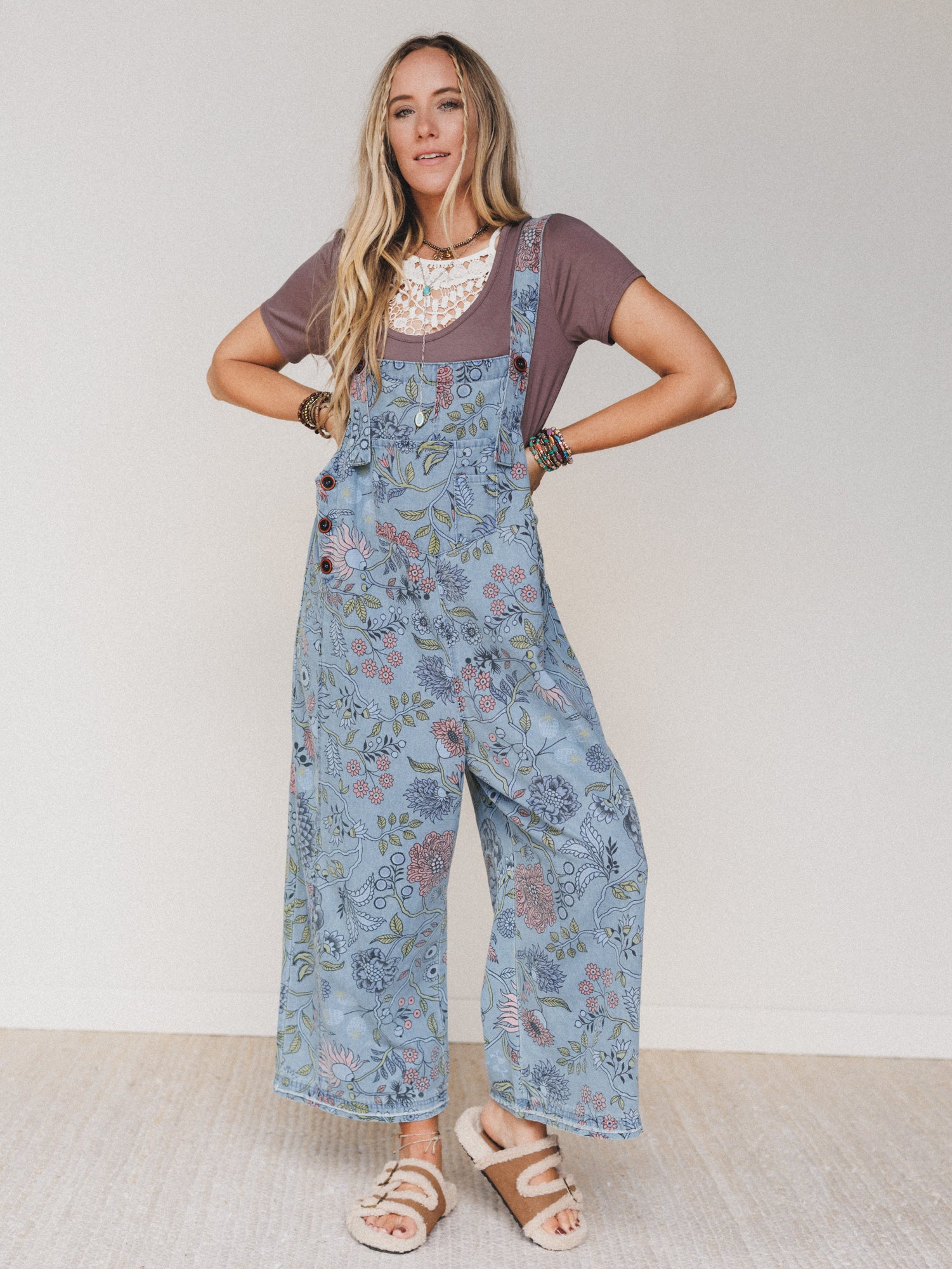 High Hopes Slouchy Denim Overalls - Floral Blue Denim