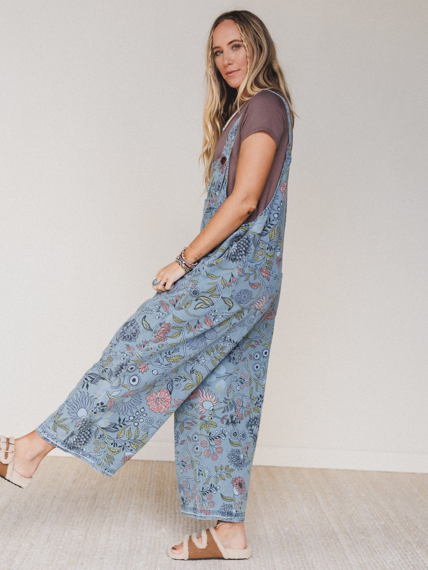 High Hopes Slouchy Denim Overalls - Floral Blue Denim
