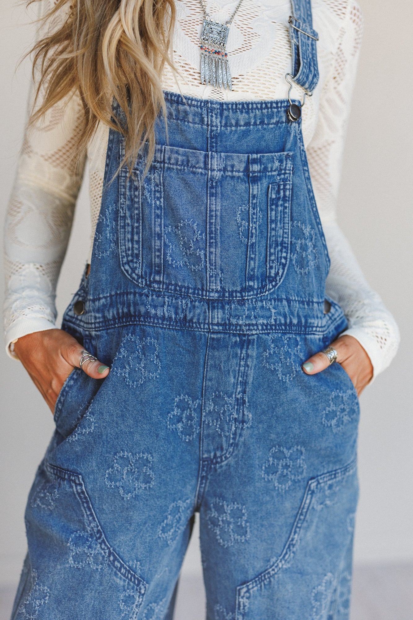 Chasing Horizons Flower Pattern Overalls - Washed Denim