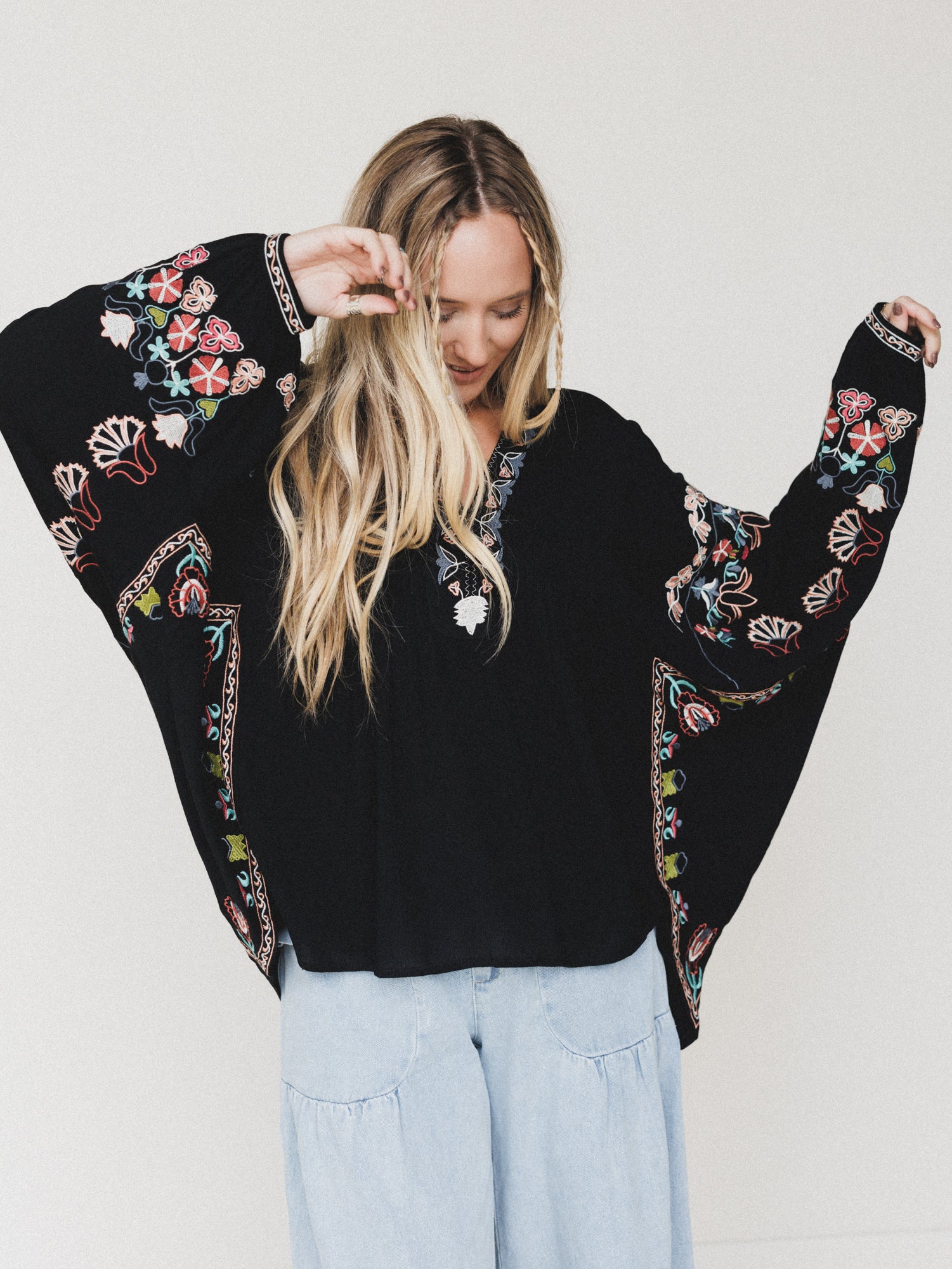 Frida Embroidered Dolman Sleeve Top - Black