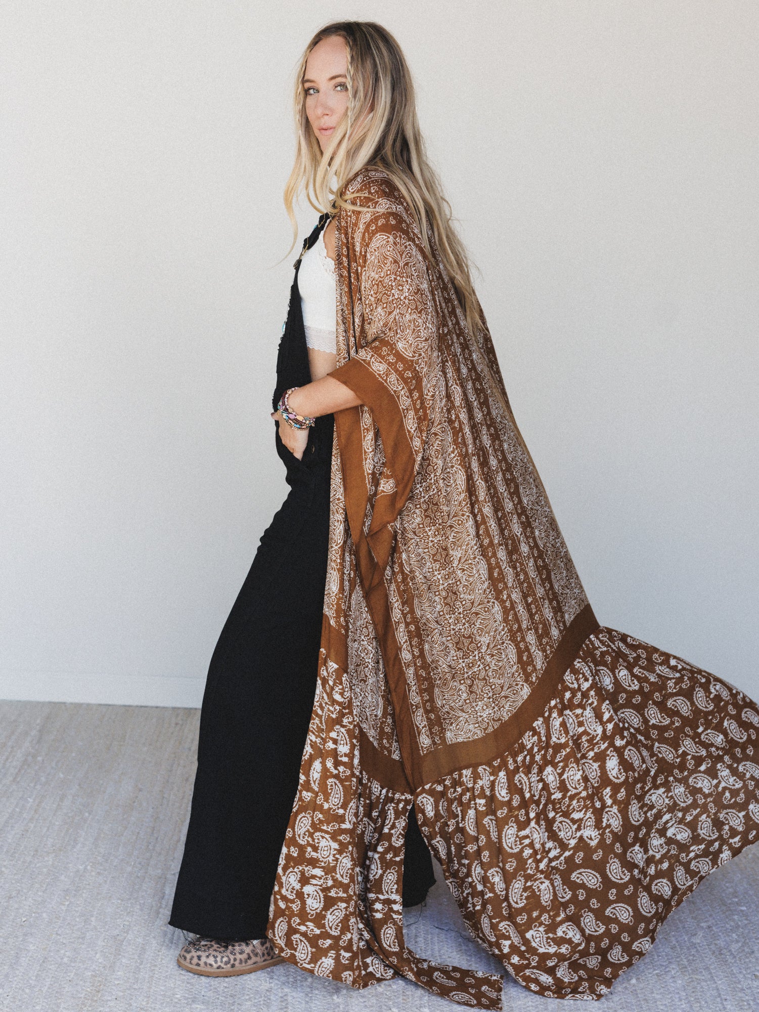 Paisley Tapestry Free Flow Duster Kimono - Brown