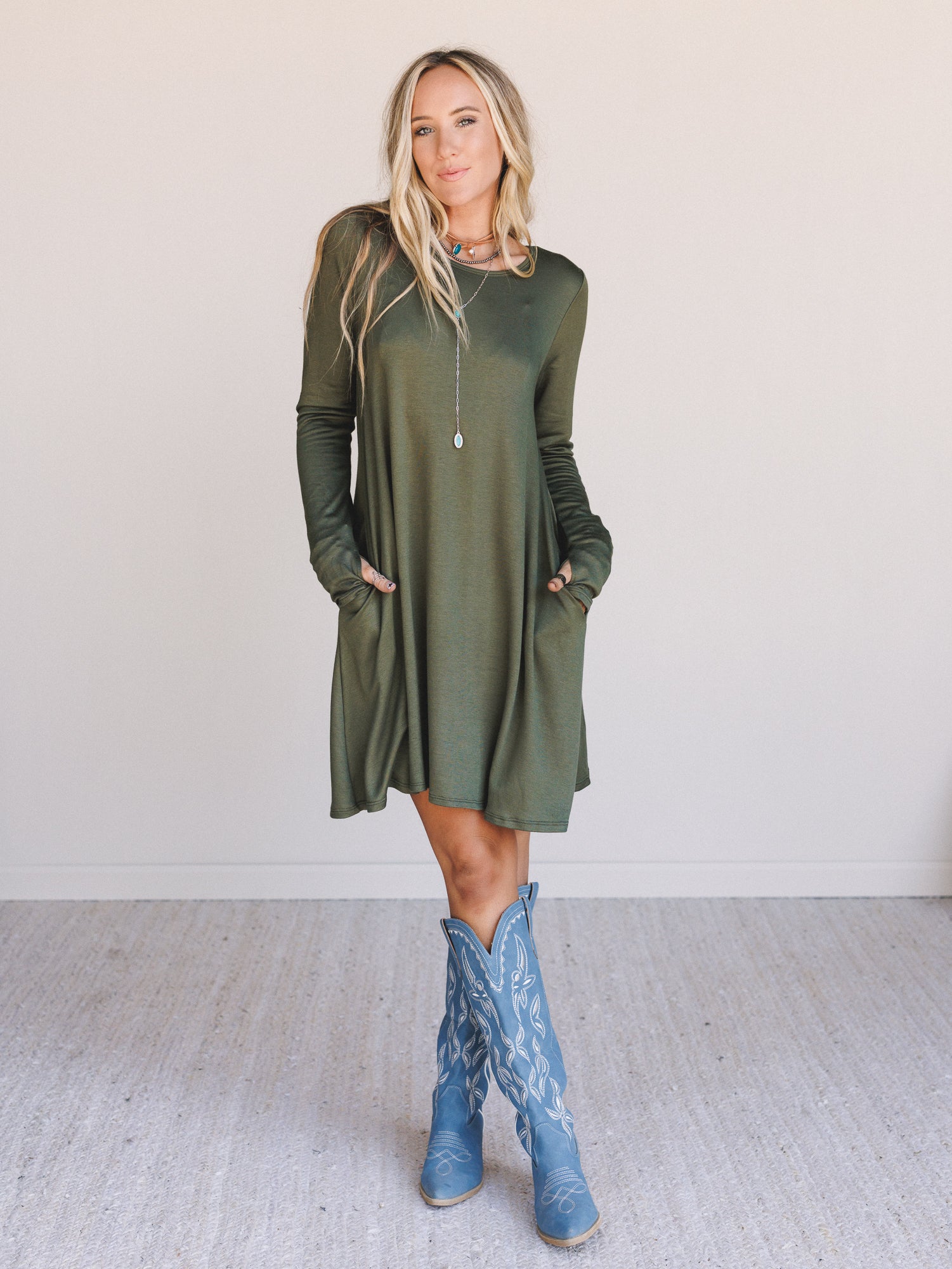 The Nest Jake Long Sleeve Crewneck Dress - Olive