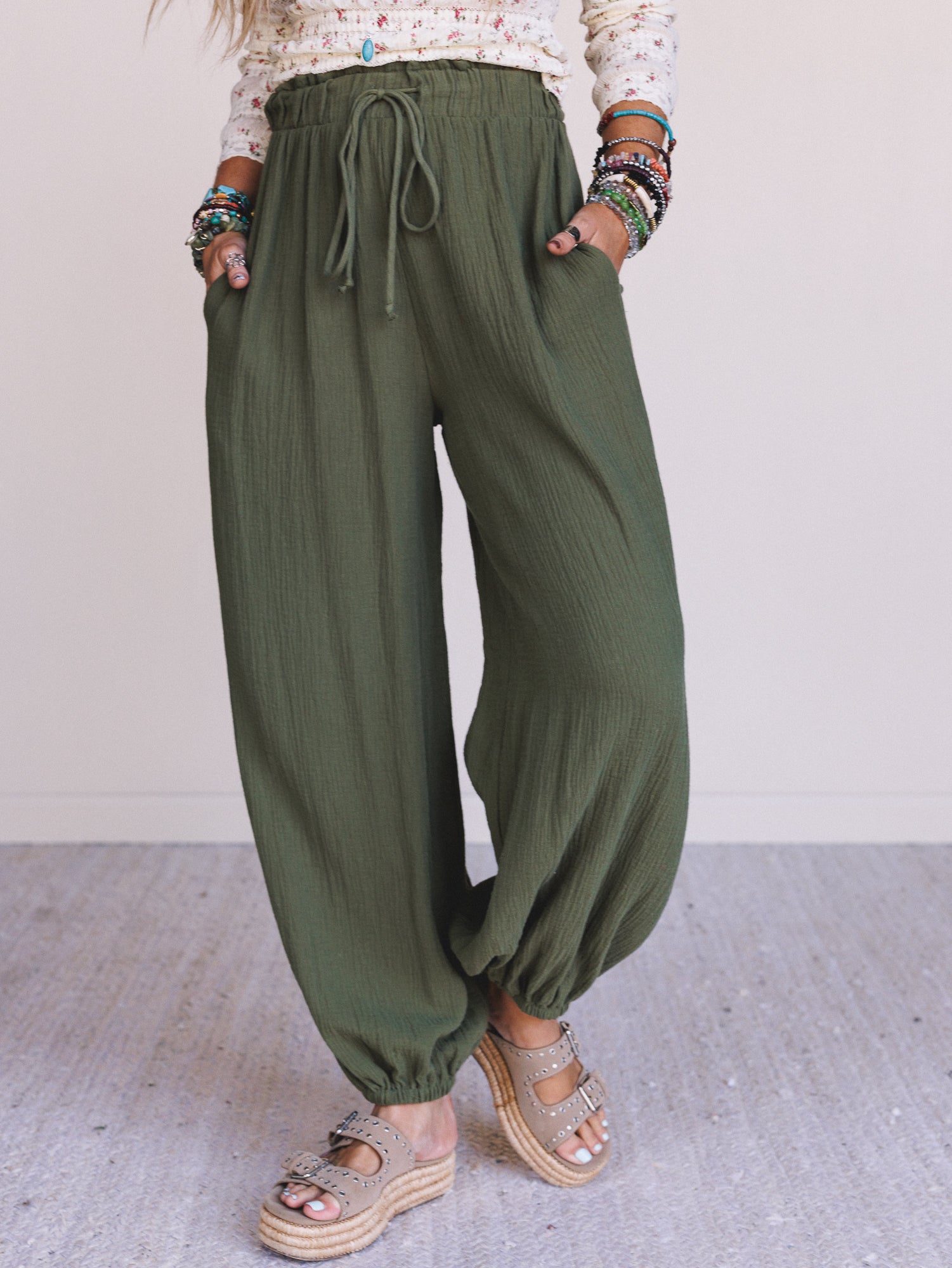 The Nest Celestia Wide Leg Cinched Pants - Olive