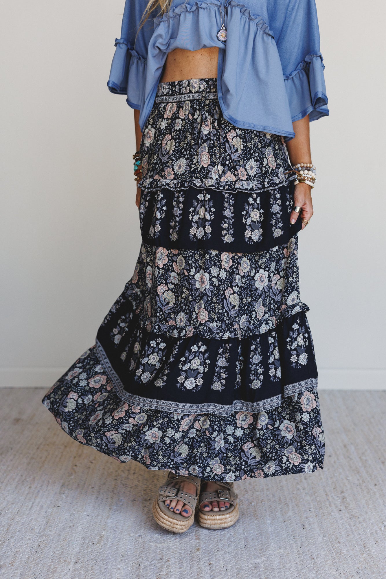 Prairie Dancer Floral Maxi Skirt - Black