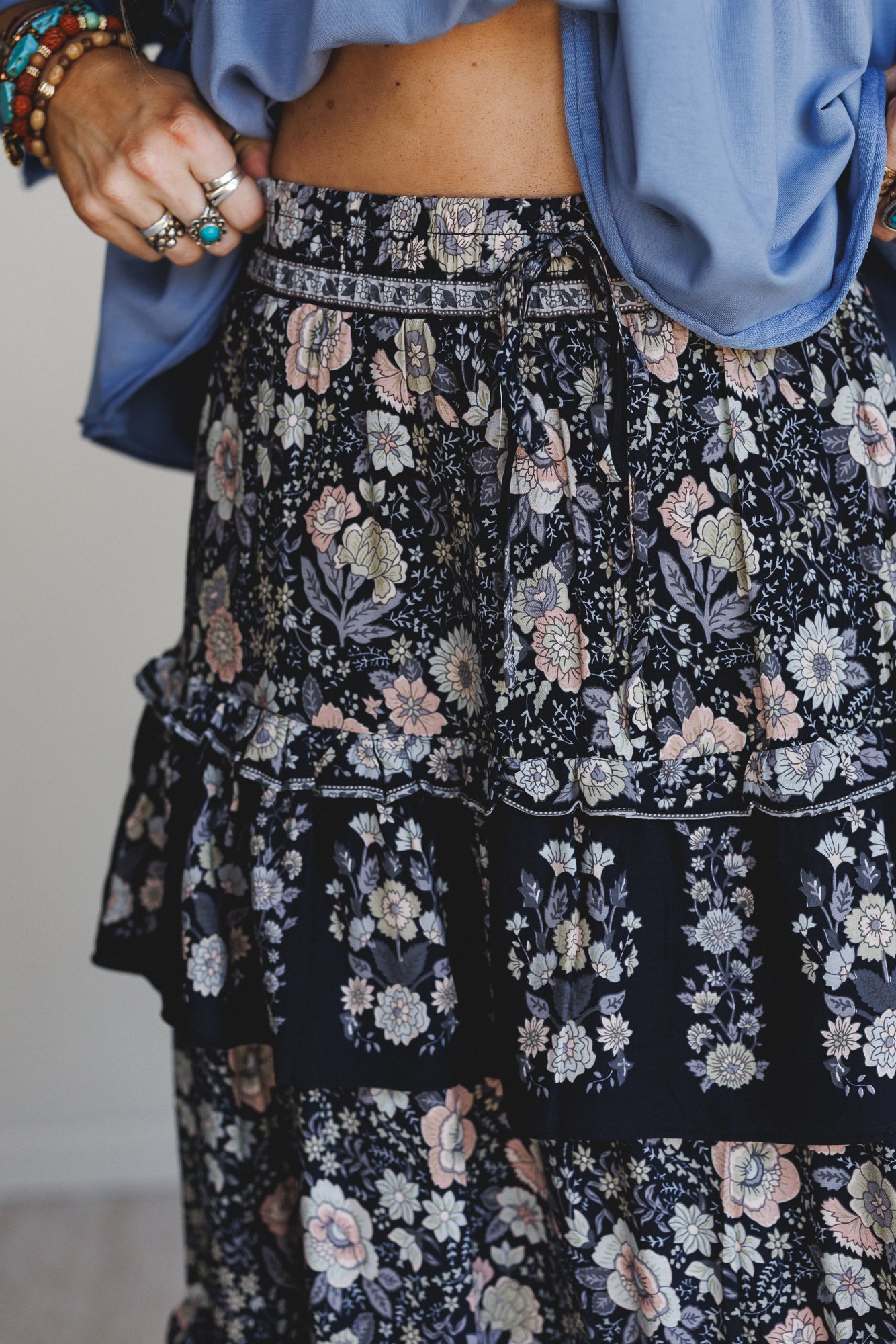 Prairie Dancer Floral Maxi Skirt - Black