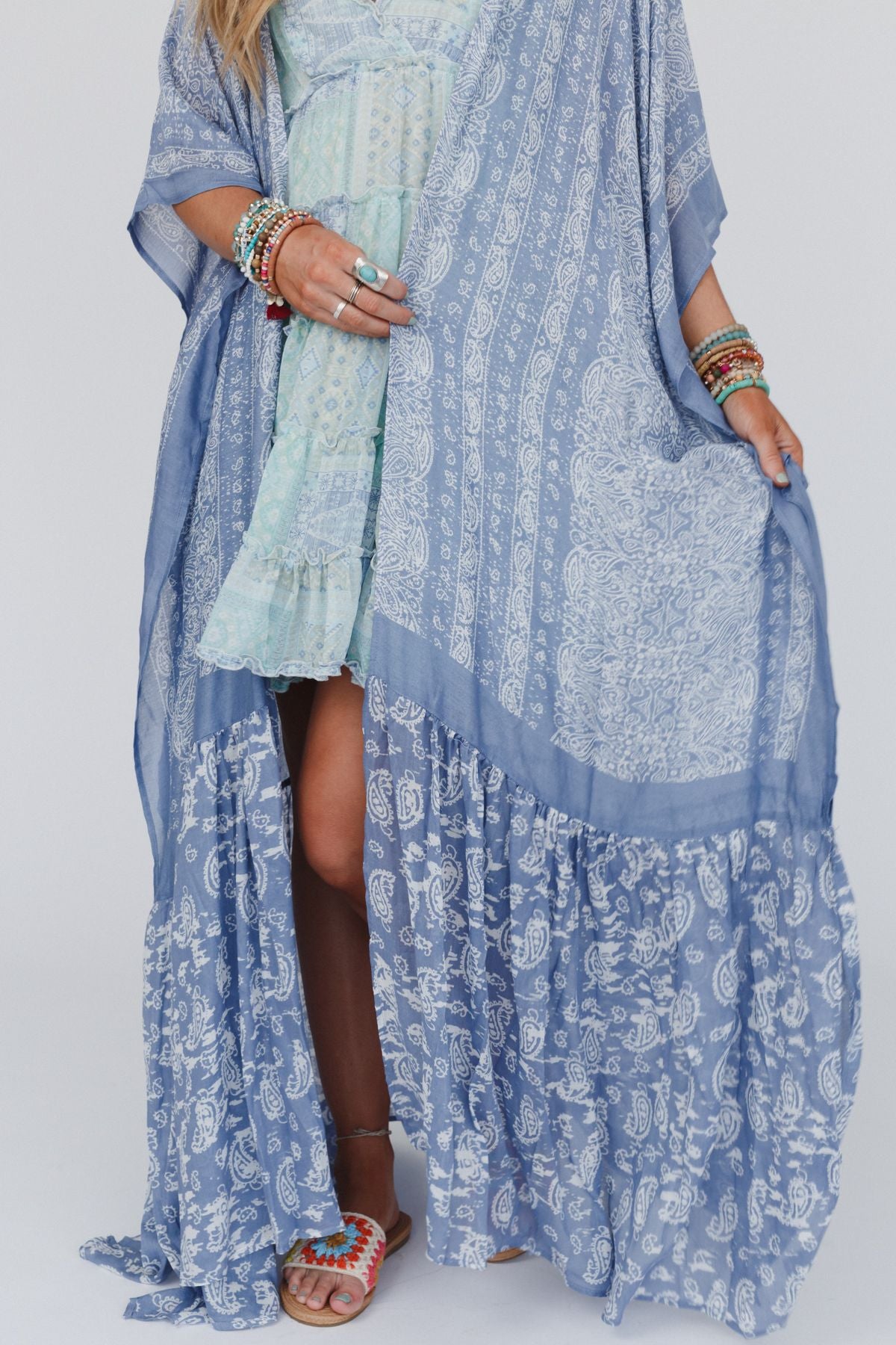 Leto Accessories Free Flow Paisley Longline Kimono in Chambray main image 1