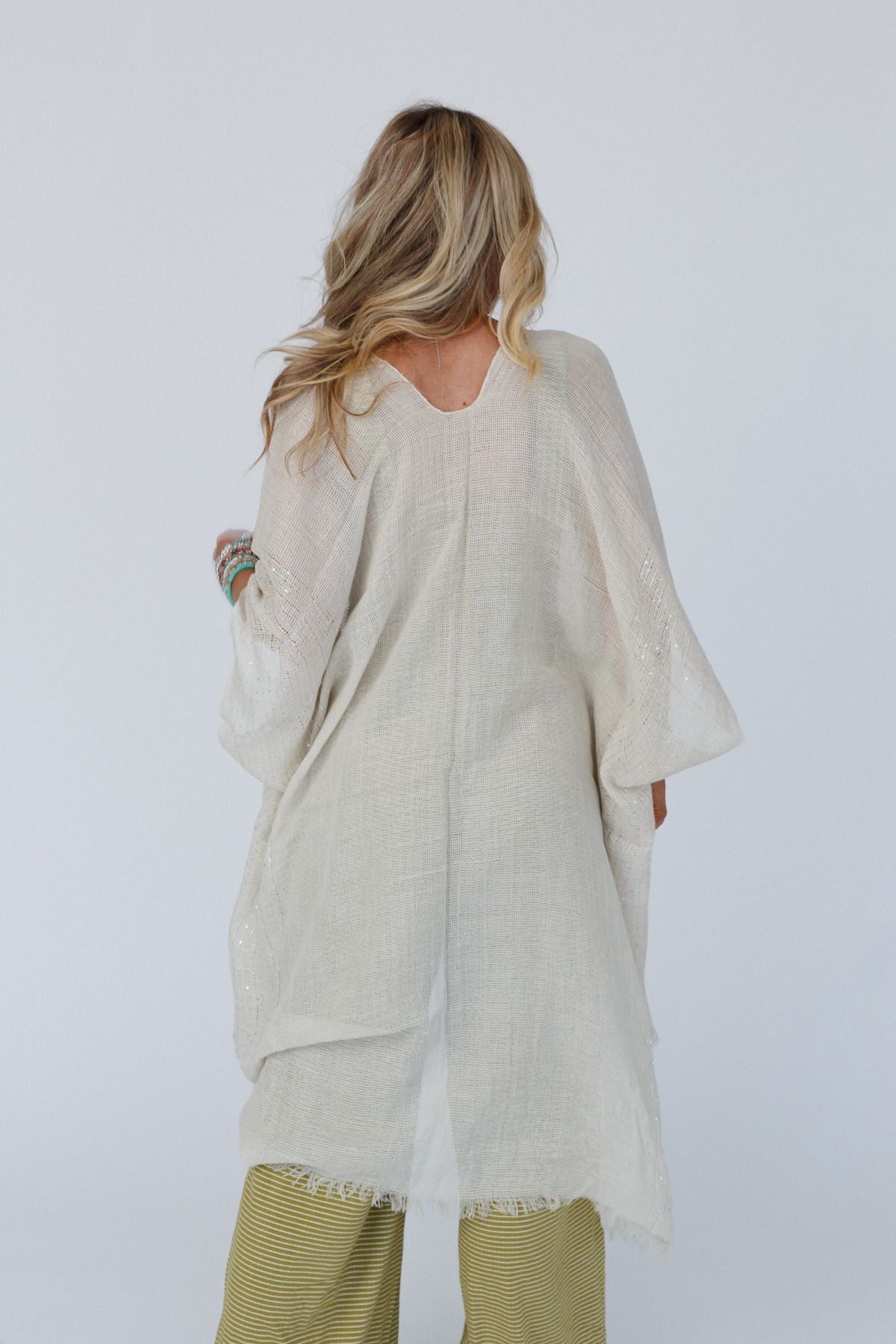 Mikka Sequin Frayed Trim Kimono Natural