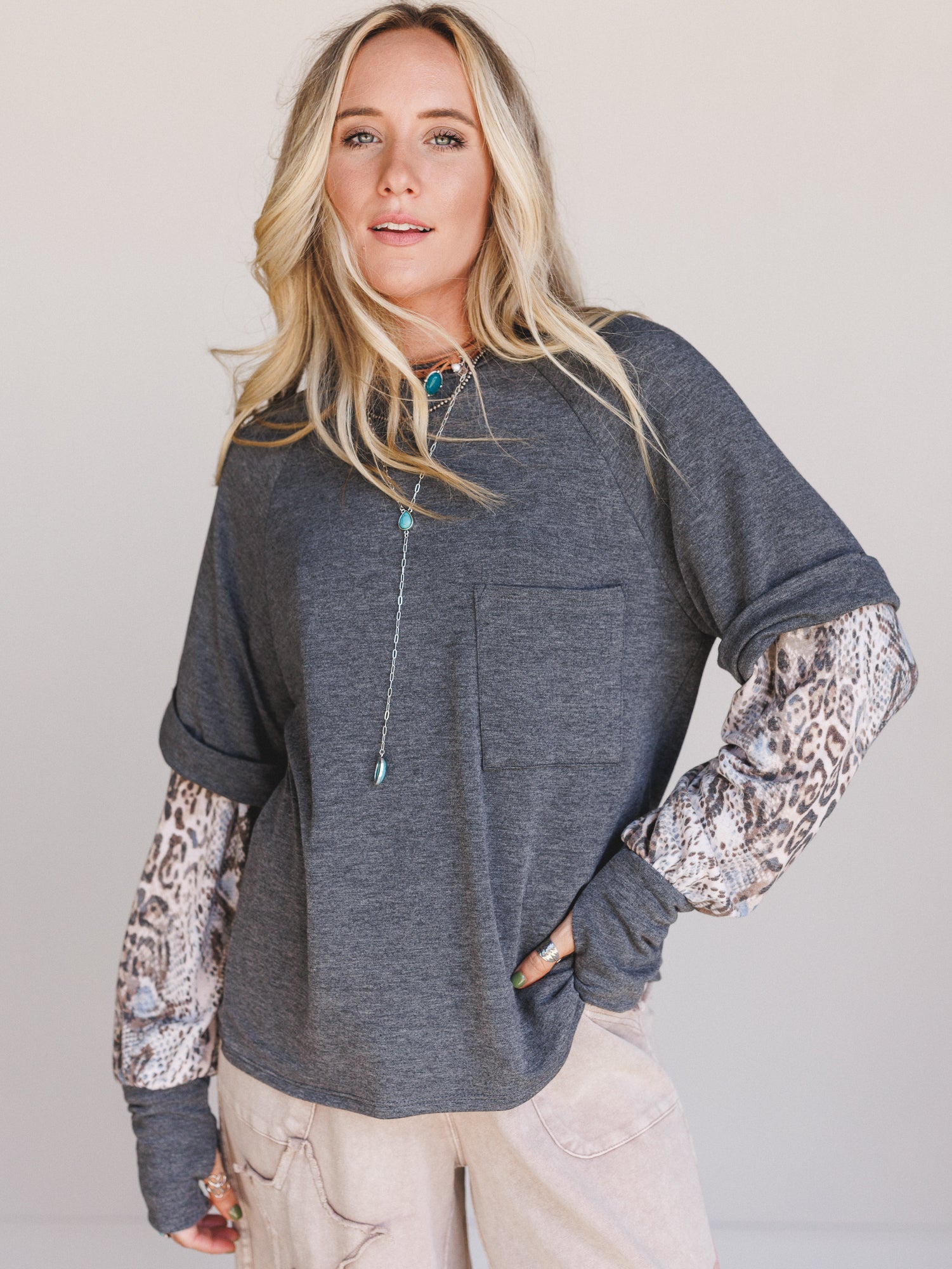 The Nest Better Together Layered Contrast Top - Charcoal