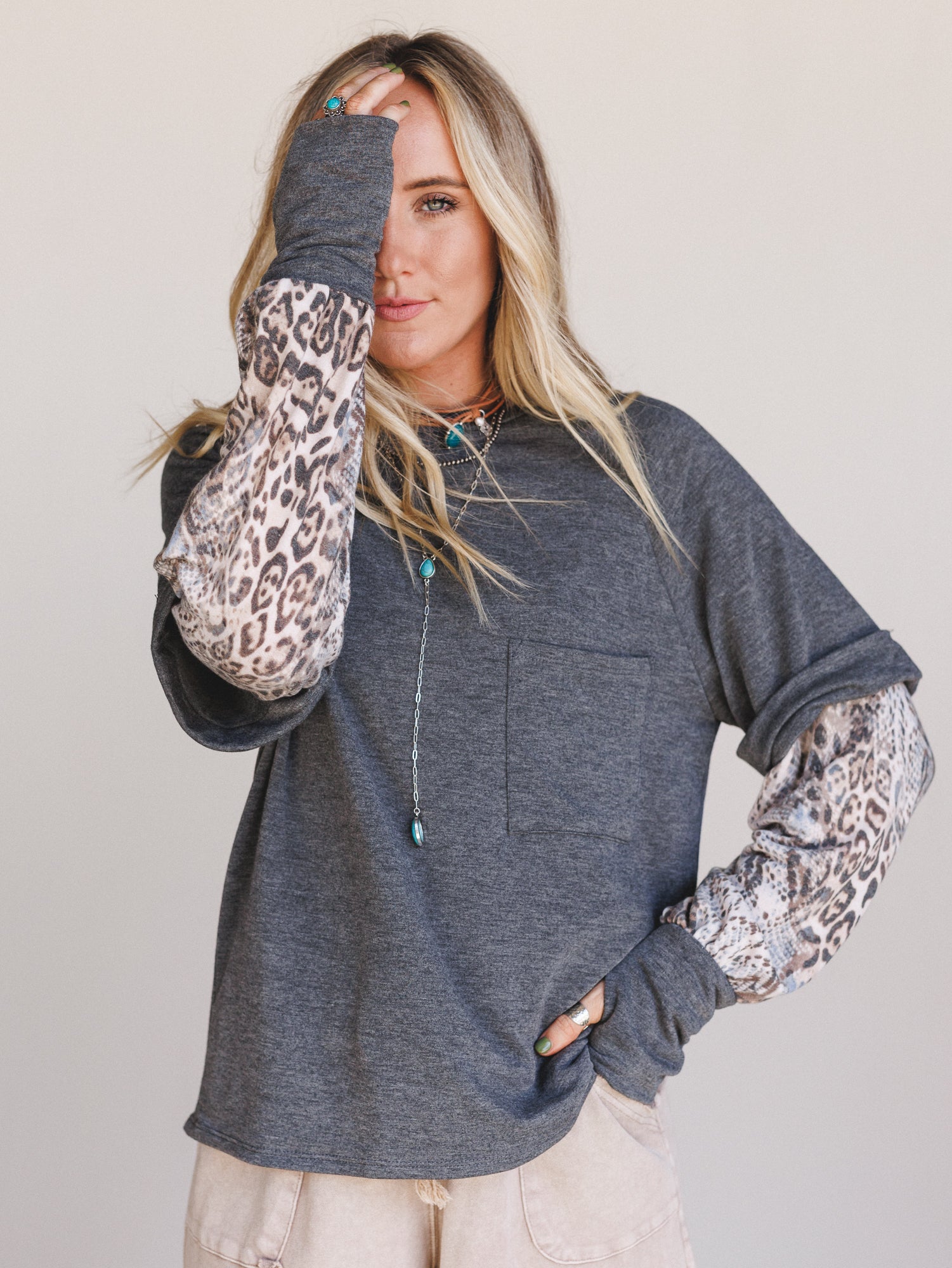 The Nest Better Together Layered Contrast Top - Charcoal