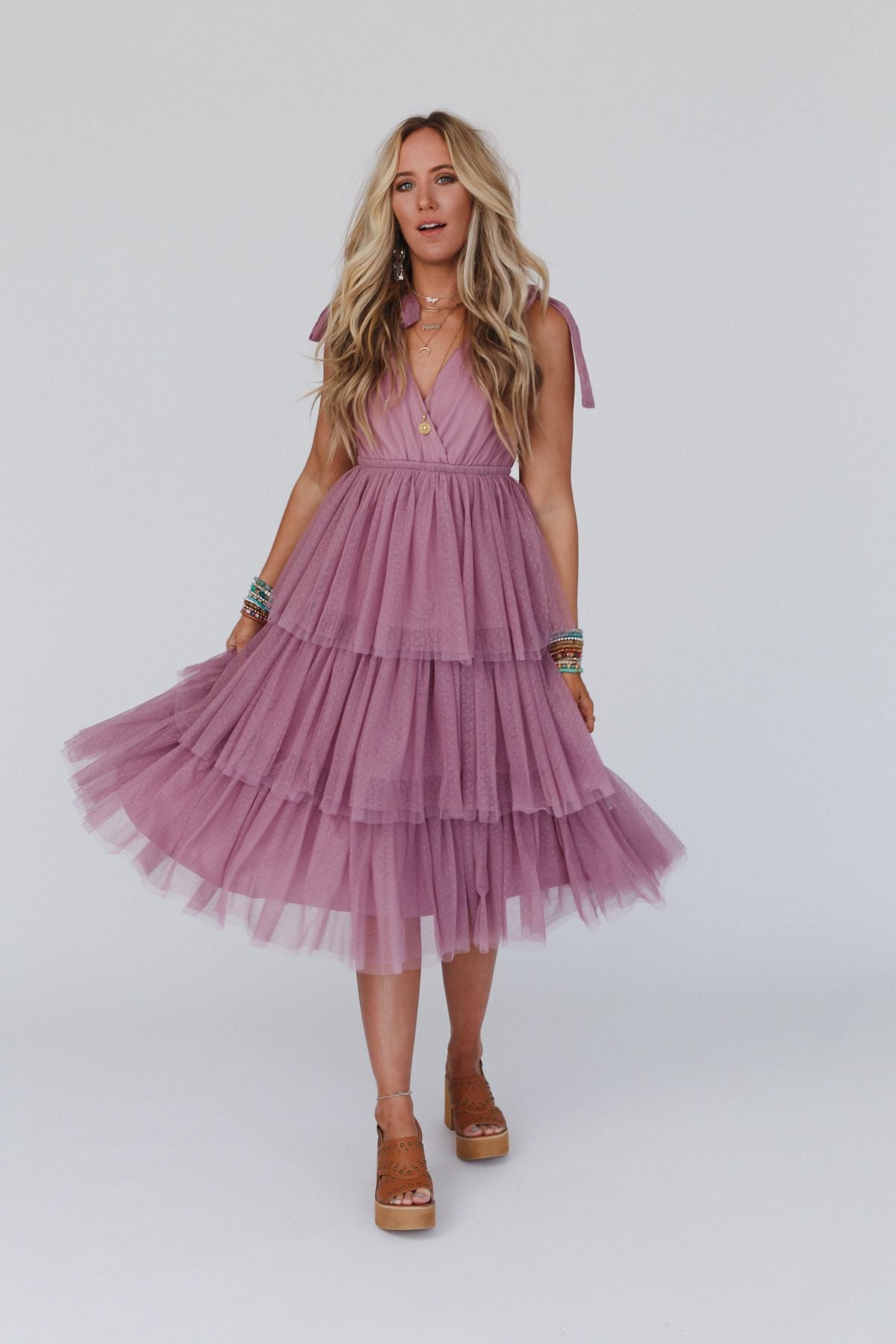 Bellini Tiered Ruffle Sleeve Dress Mauve