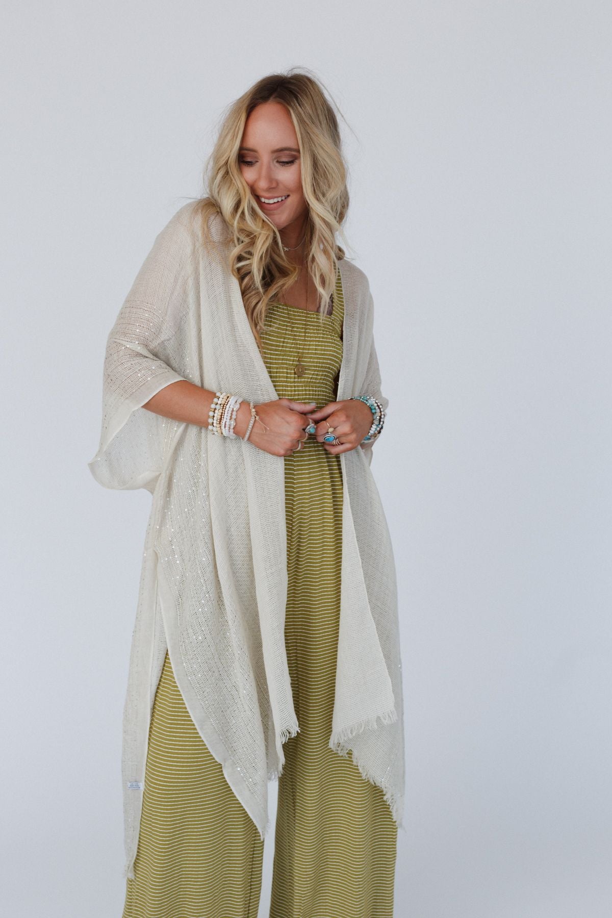 Mikka Sequin Frayed Trim Kimono Natural