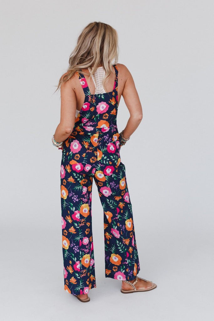 Birdie Floral Print Overalls Navy
