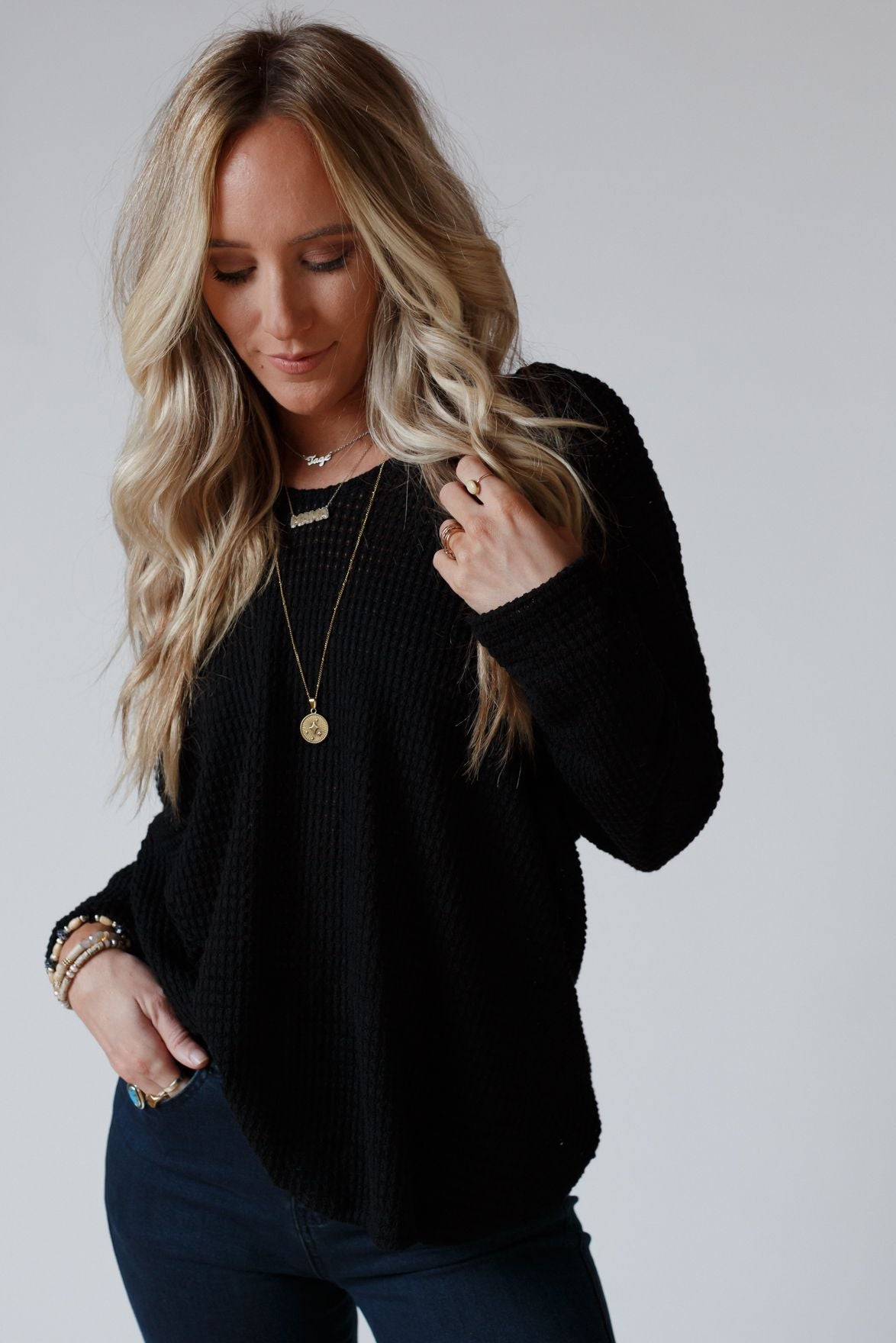 The Nest Flattering Open Back Thermal Knit Top - Black