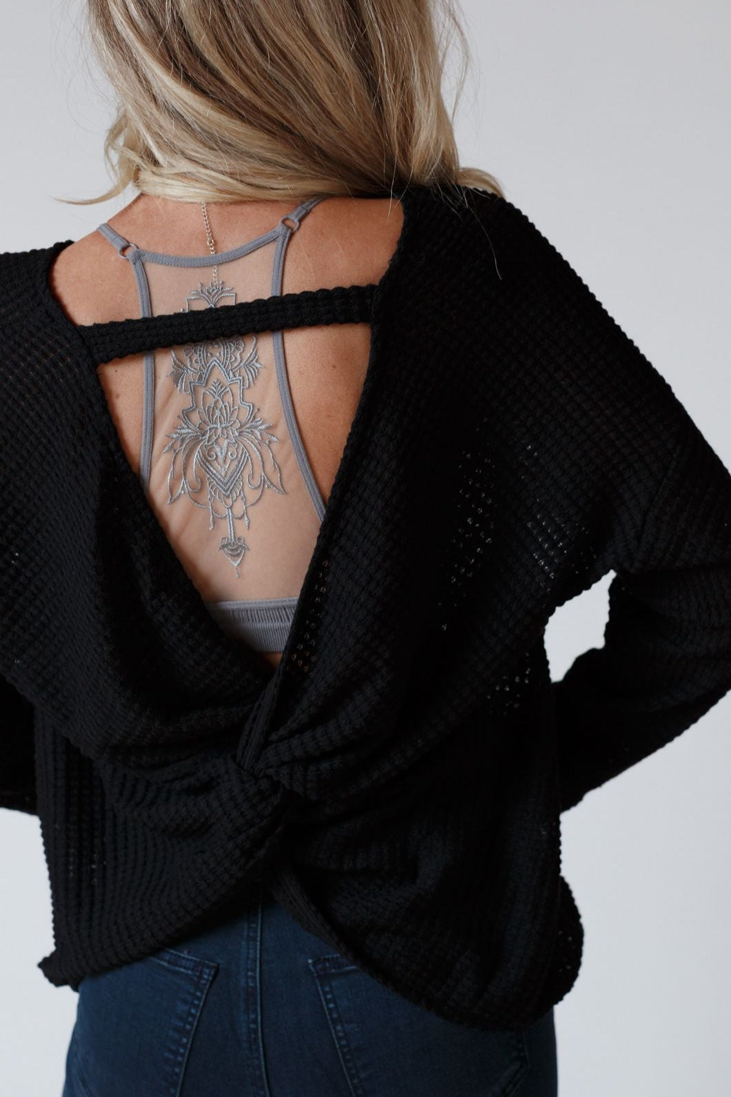 The Nest Flattering Open Back Thermal Knit Top - Black