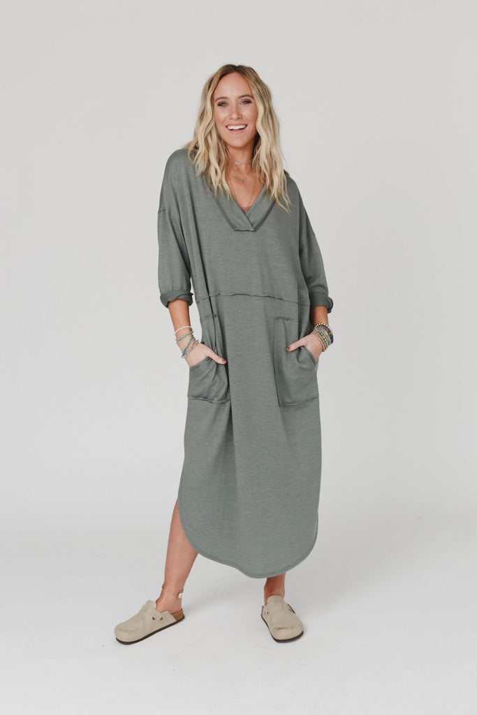 Meadow Long Sleeve Slit Maxi Dress - Light Olive