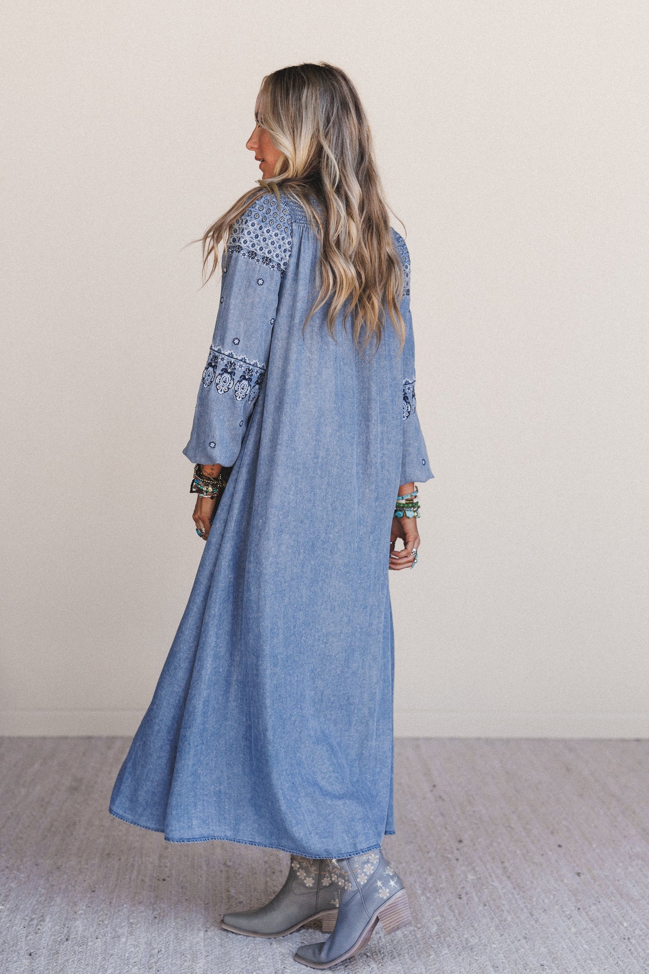 blue embroidered maxi dress Goddiva Flared Sleeve Embroidered Maxi Dress