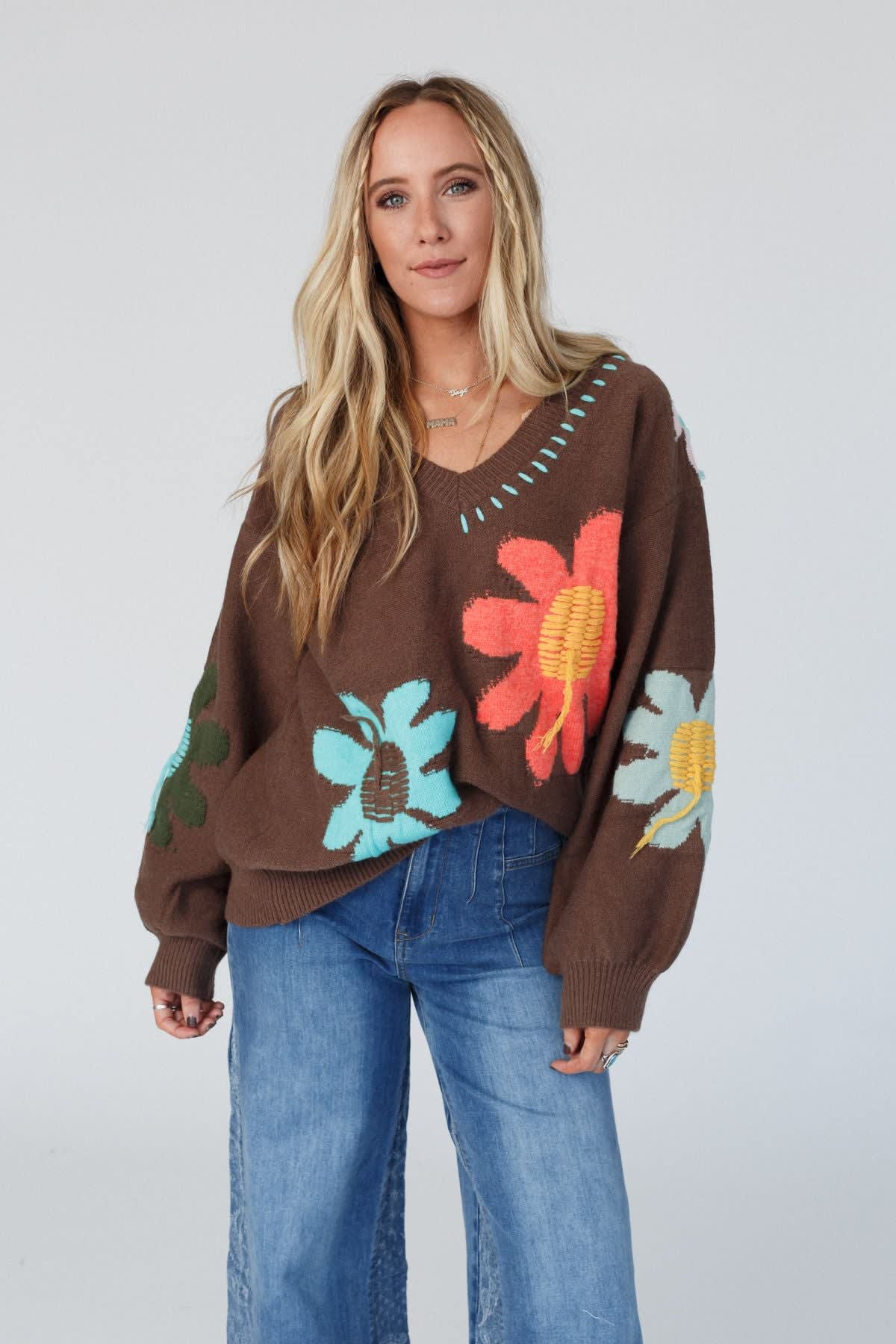 good-mood-flower-print-sweater-brown/Chocolate
