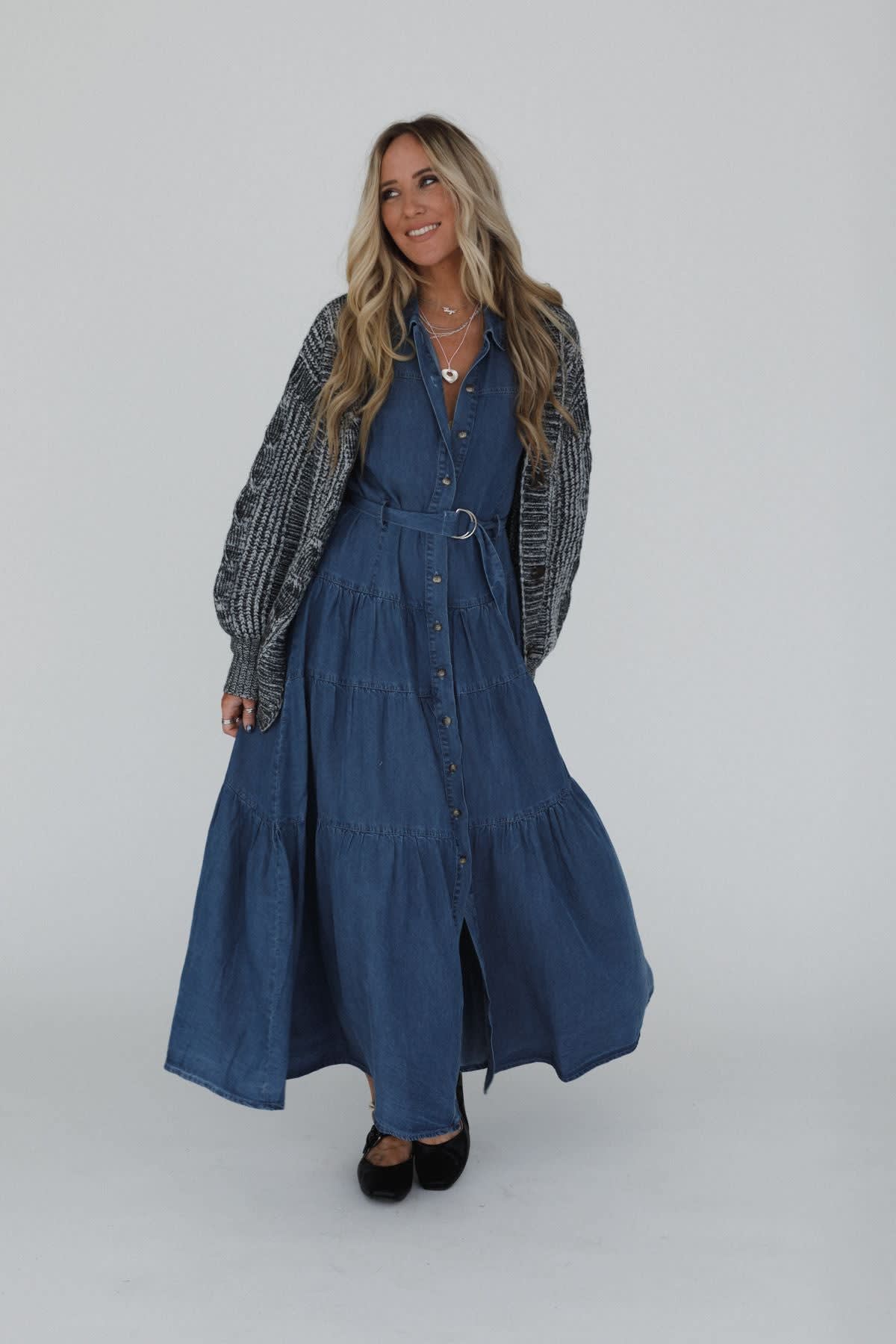 blair long sleeve denim maxi dress AllSaints Blair Denim Maxi Dress in Grey