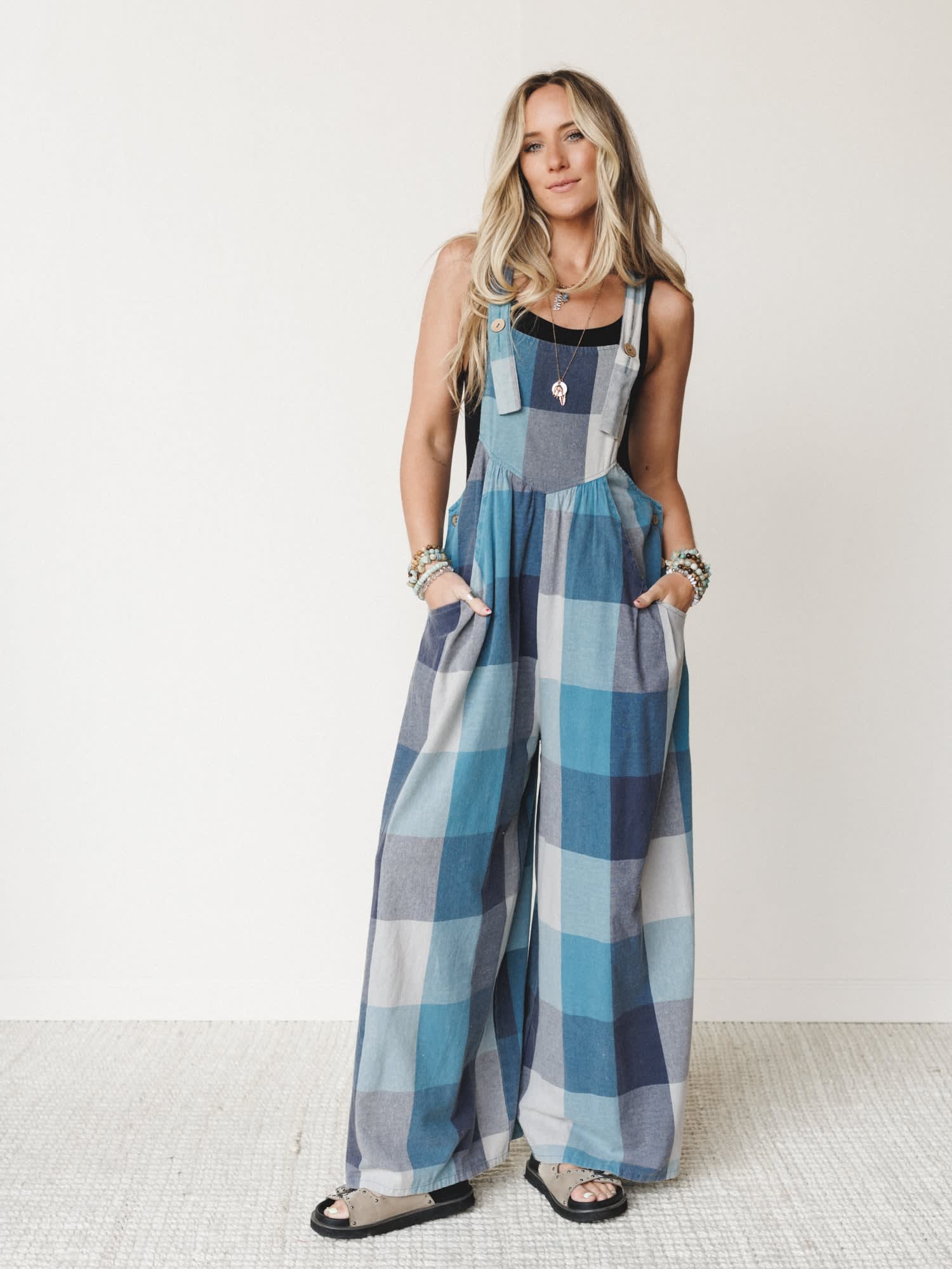 plaid denim overall dress Oddi Denim Plaid Patchwork Overall Dress w/ Lace Florals
