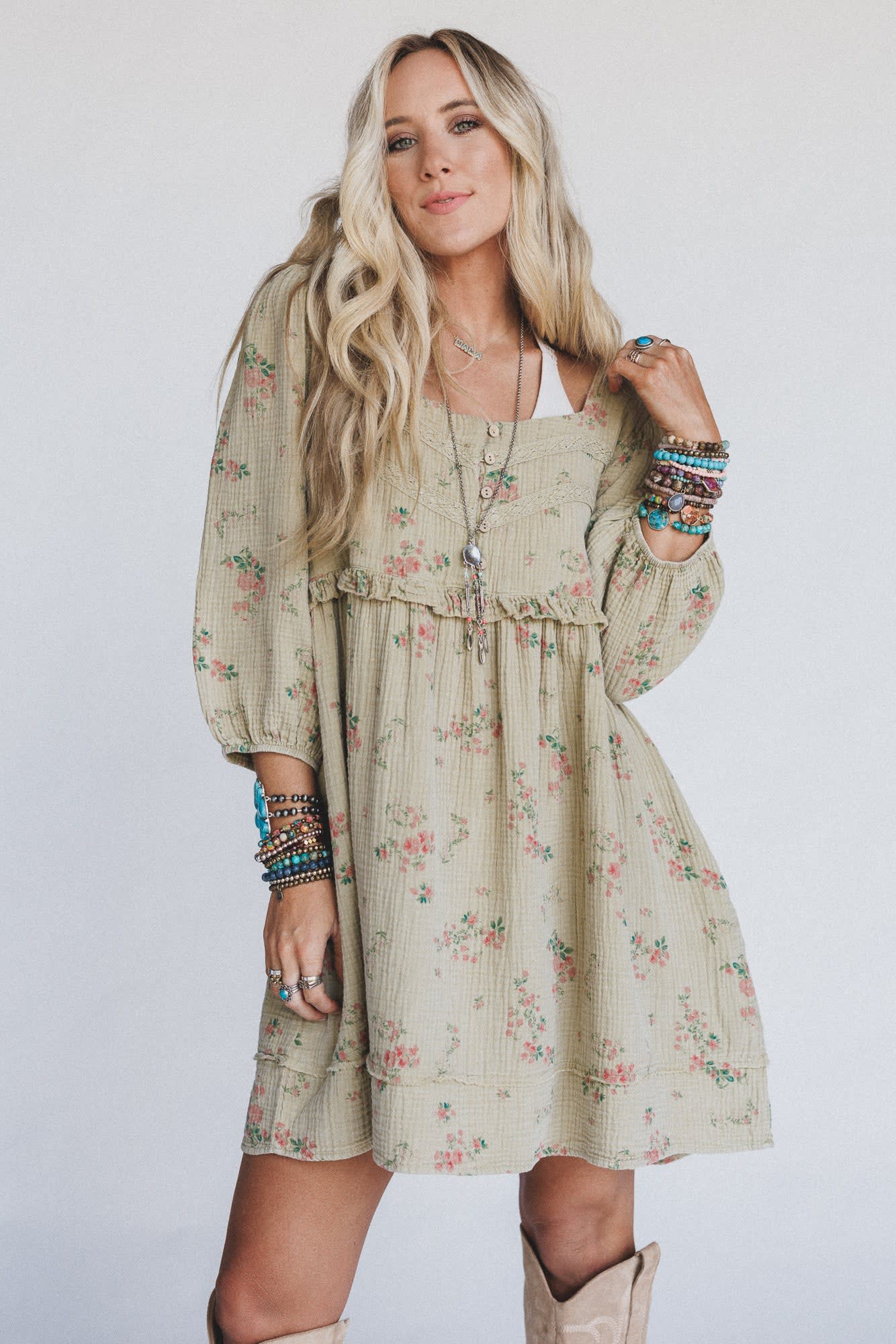 Infinite Dreamer Floral Babydoll Dress - Sage Easel Infinite Dreamer Floral Babydoll Dress - Sage Easel