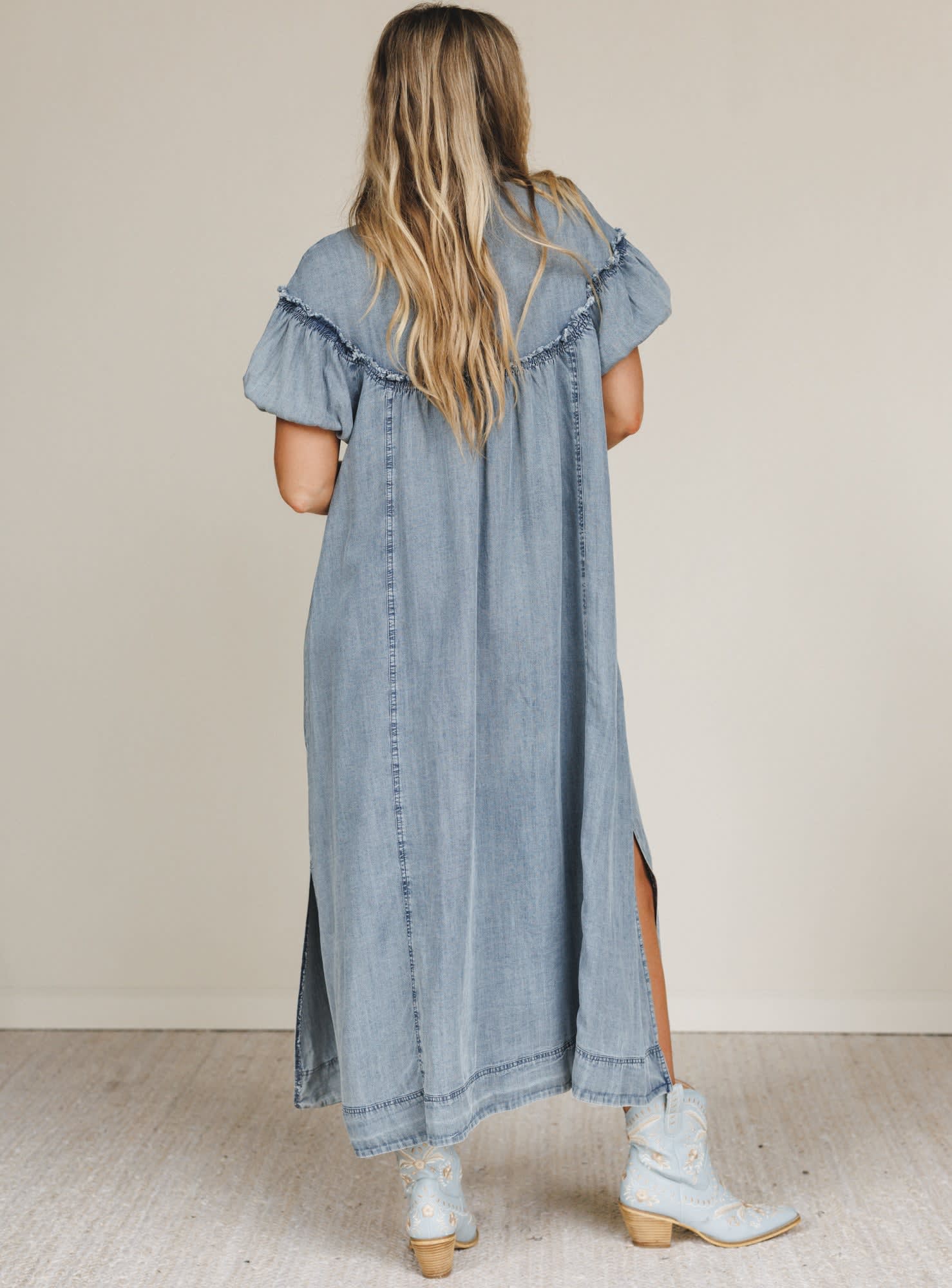 Western Muse Puff Sleeve Maxi Dress - Women's Size L, Denim Blue - Three Bird Nest Western Muse Puff Sleeve Maxi Dress - Women's Size L, Denim Blue - Three Bird Nest