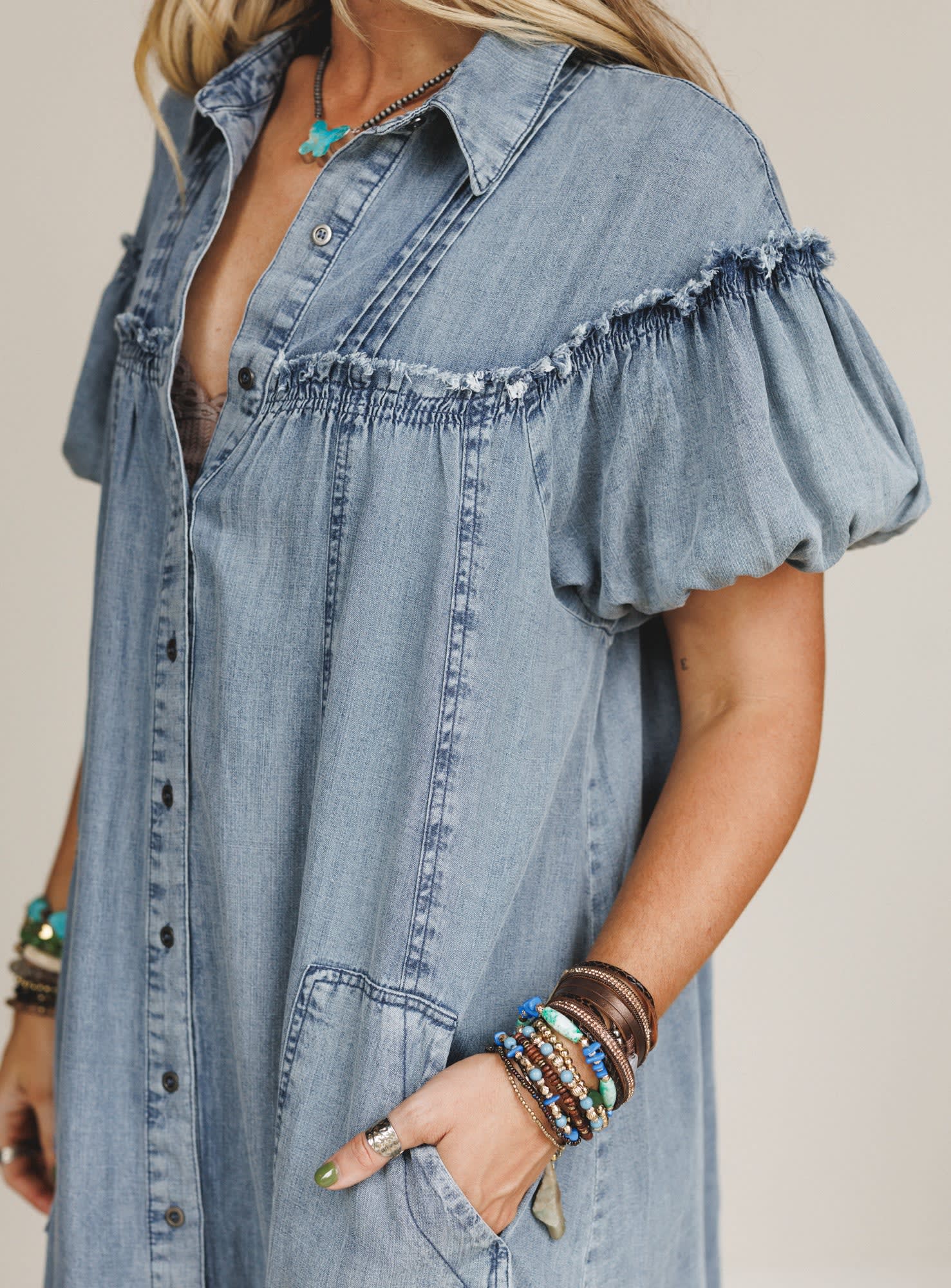 denim western dress puff sleeve smocked tiered Plus Size - Puff-Sleeve Tea-Length Denim Dress