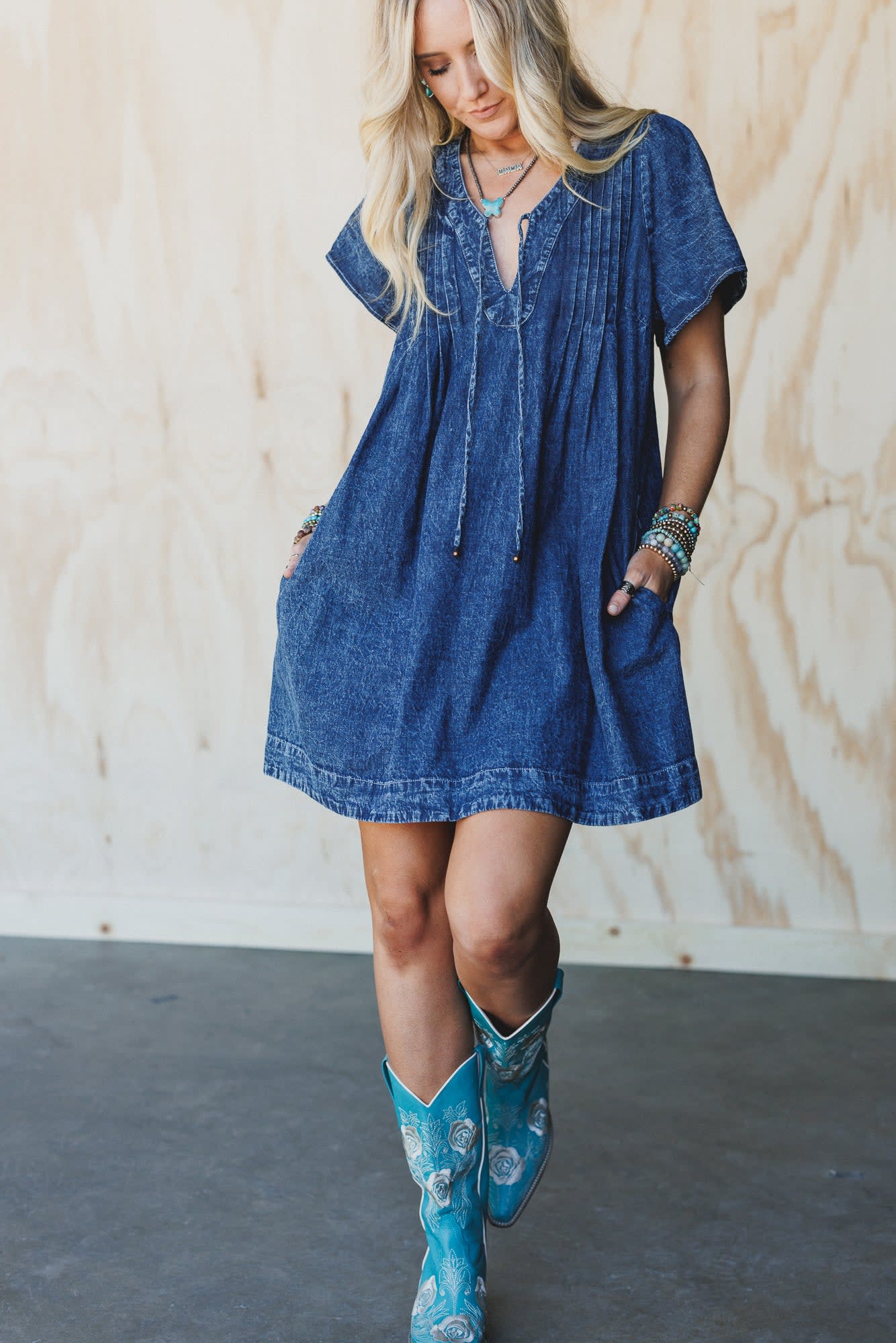 pleated denim maxi dress Long dress in pleated knit denim