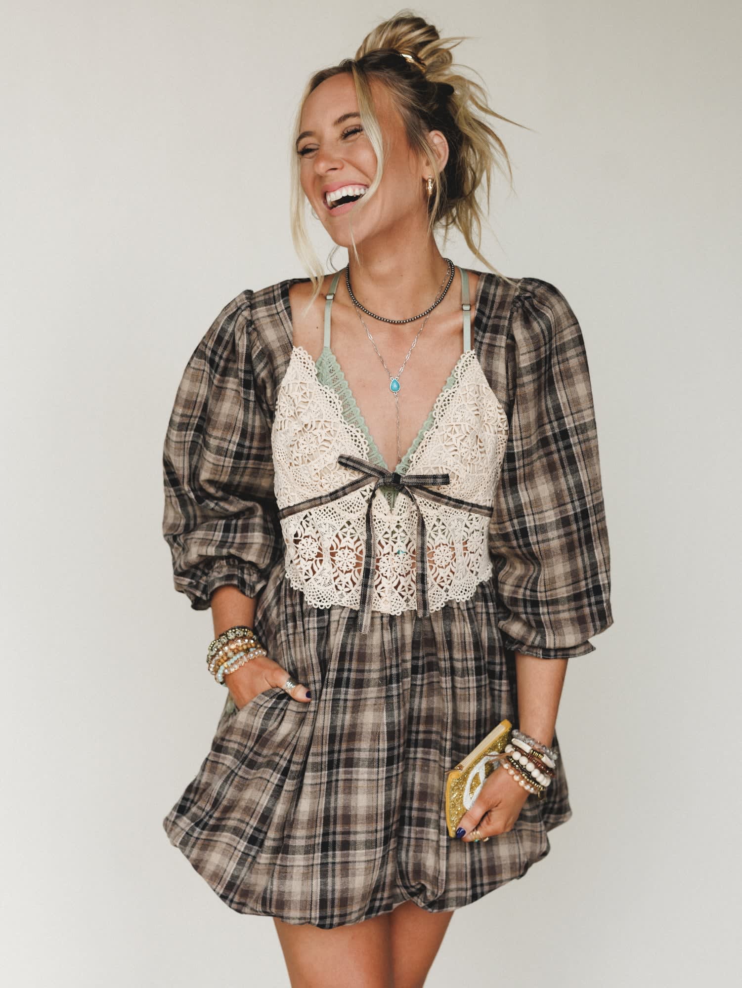 Plaid Revival Mini Dress - Women's Size M, Natural - Three Bird Nest Plaid Revival Mini Dress - Women's Size M, Natural - Three Bird Nest