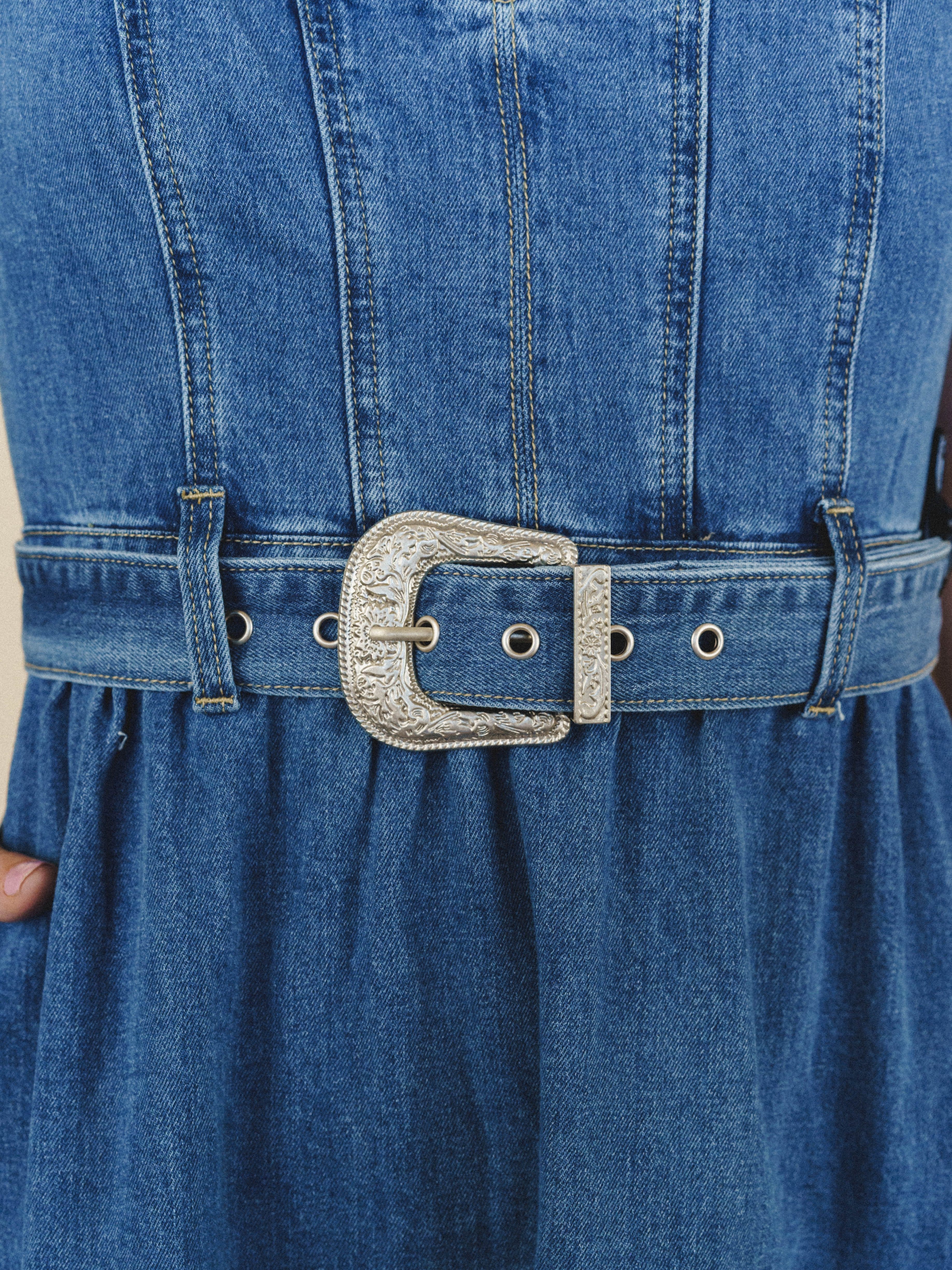 tory burch nadia denim dress Tory Burch Nadia Triple Washed Blue Denim Belted Mini Dress The Closet New York