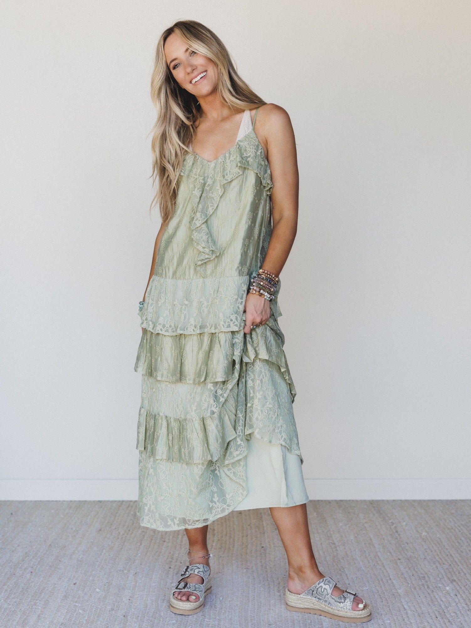sage green ruffle dress All The Good Ruffled Midi Dress, 1X - The Mint Julep Boutique This garment fits true to size Green Embellished Long Sleeve Trapeze