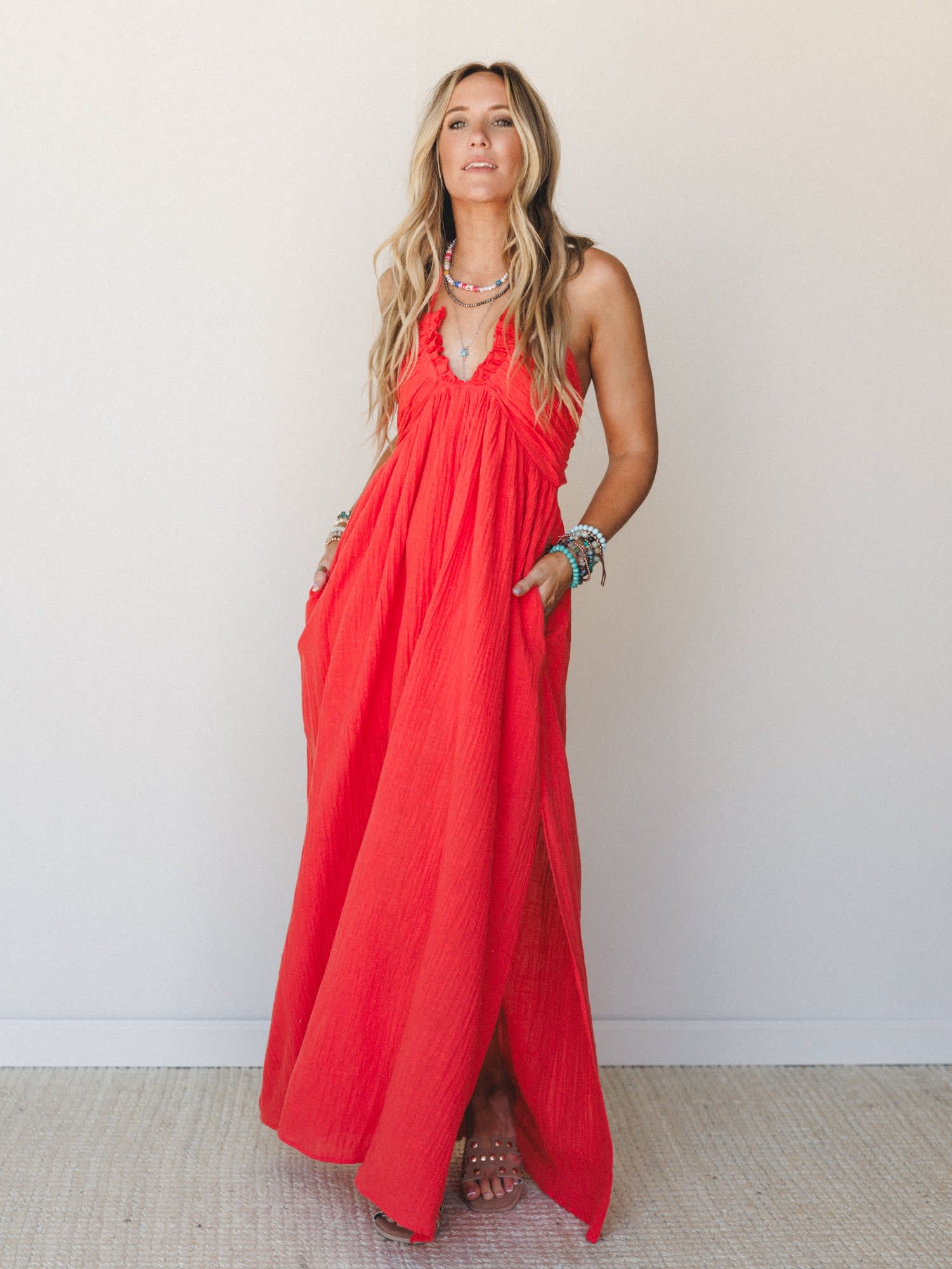 red halter summer dress Red Halter Midi Casual Summer Dress with Pockets Winterberry Red / XSmall