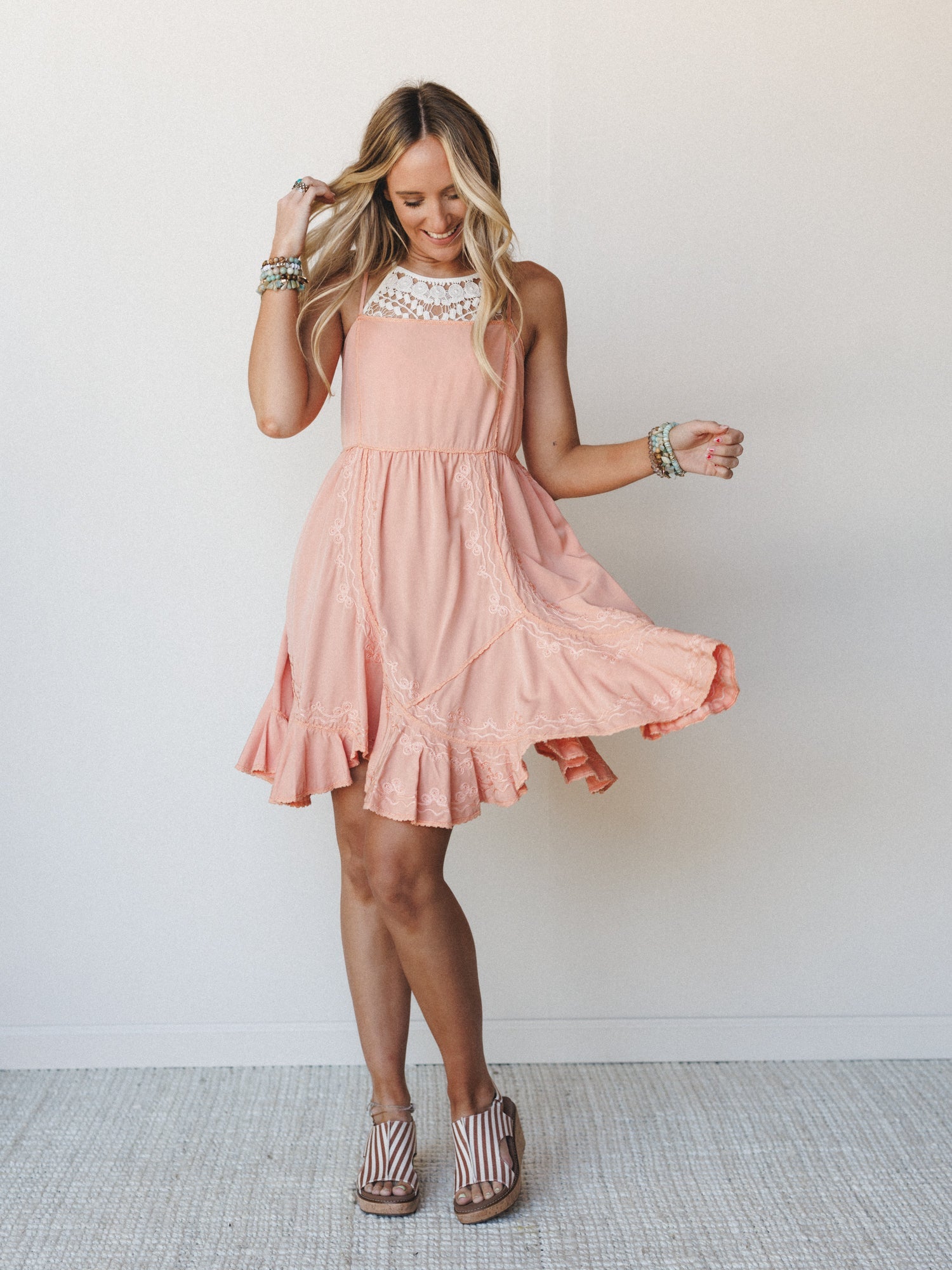 coral mini dress Marjorie stretchy fabric allows room for hips Mini Dress in Coral Red