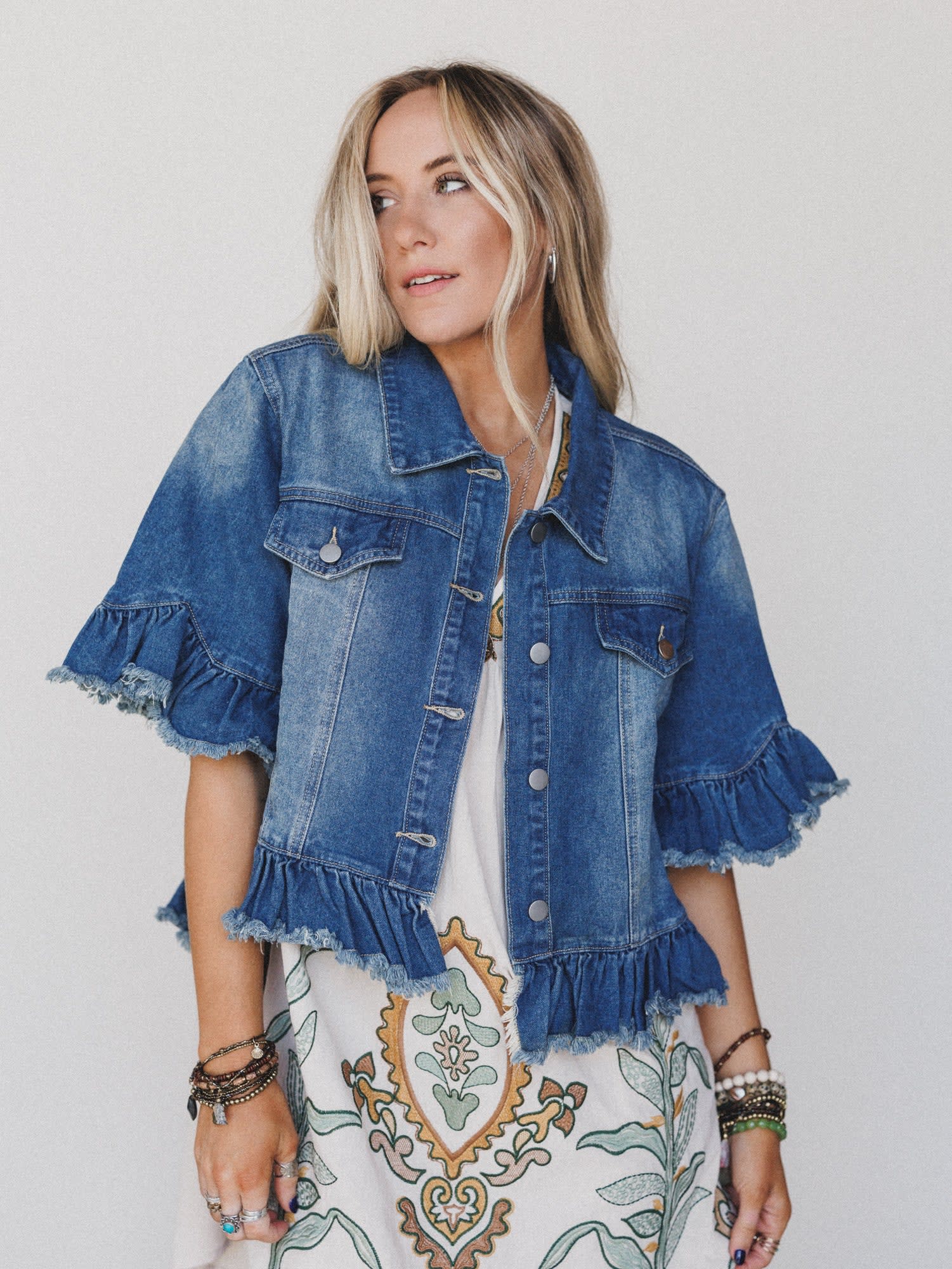 Scottie Ruffle Denim Jacket - Women's Size L, Denim Blue - Three Bird Nest Scottie Ruffle Denim Jacket - Women's Size L, Denim Blue - Three Bird Nest
