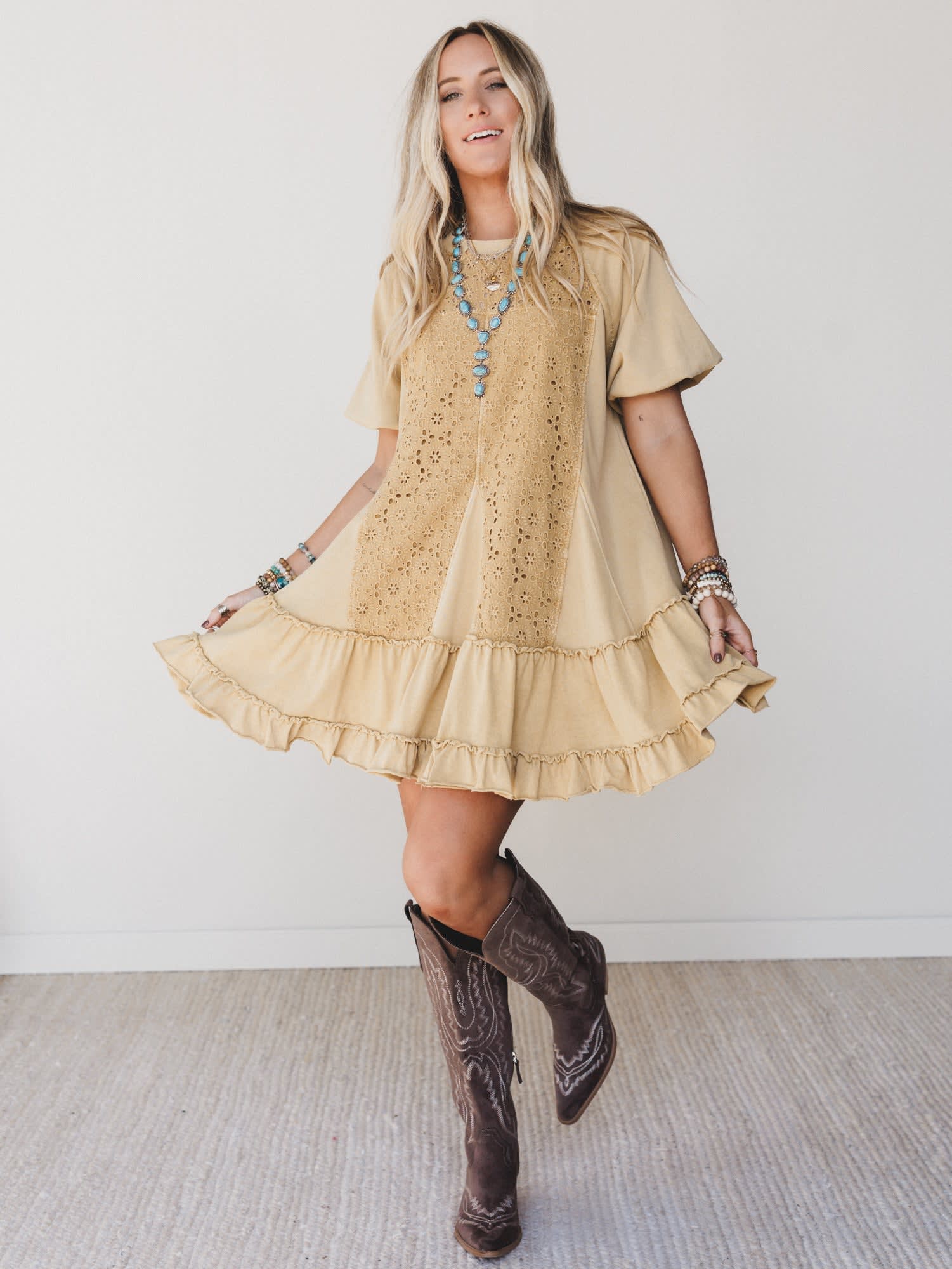 mustard crochet dress Shady Palms Crochet Dress Long Sleeve Crochet Mini Dress M/L