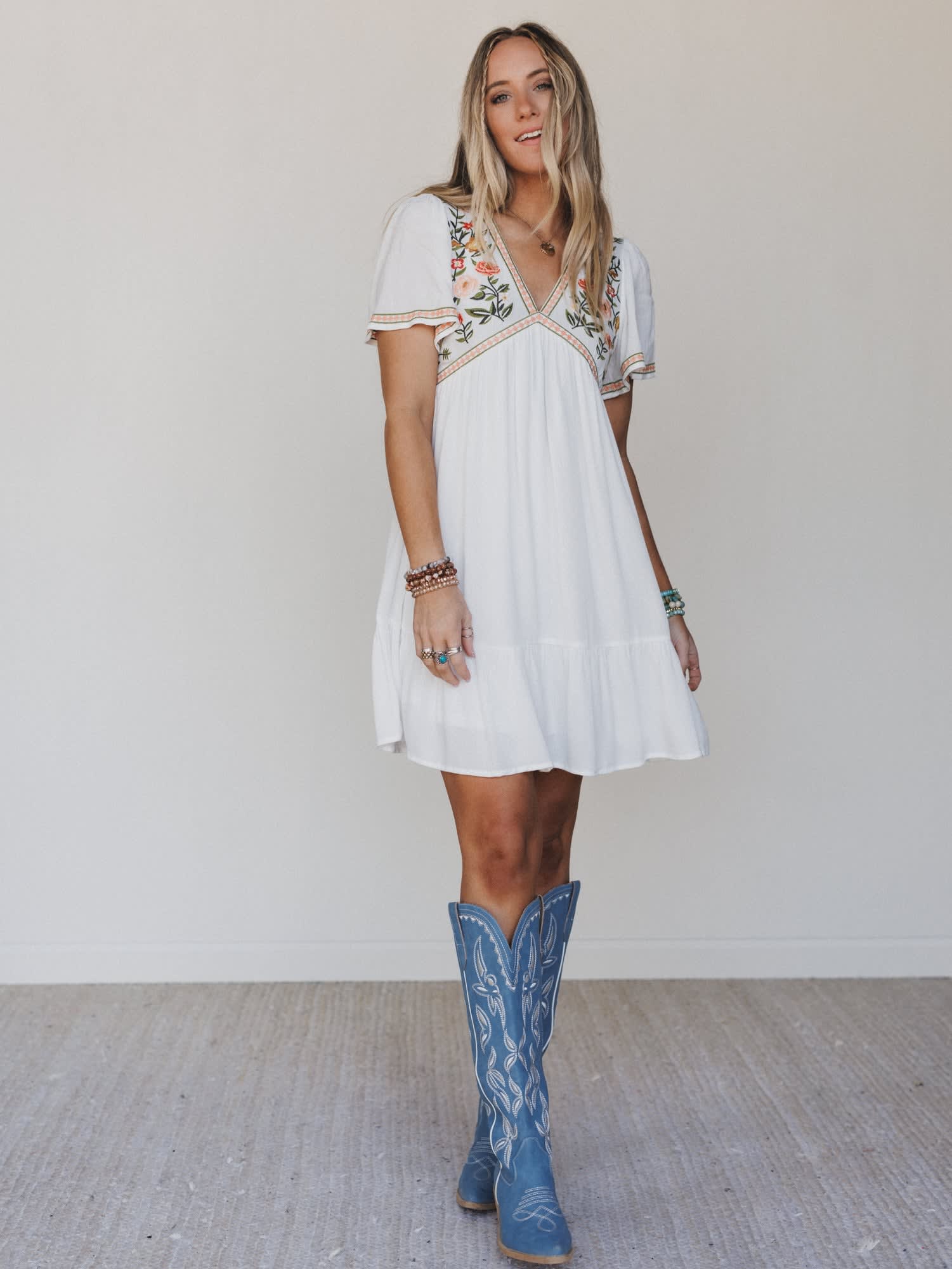 olynne mini dress in blue ivory Take a Bow Mini Dress - Ivory and Blue, Large | Hazel and Olive