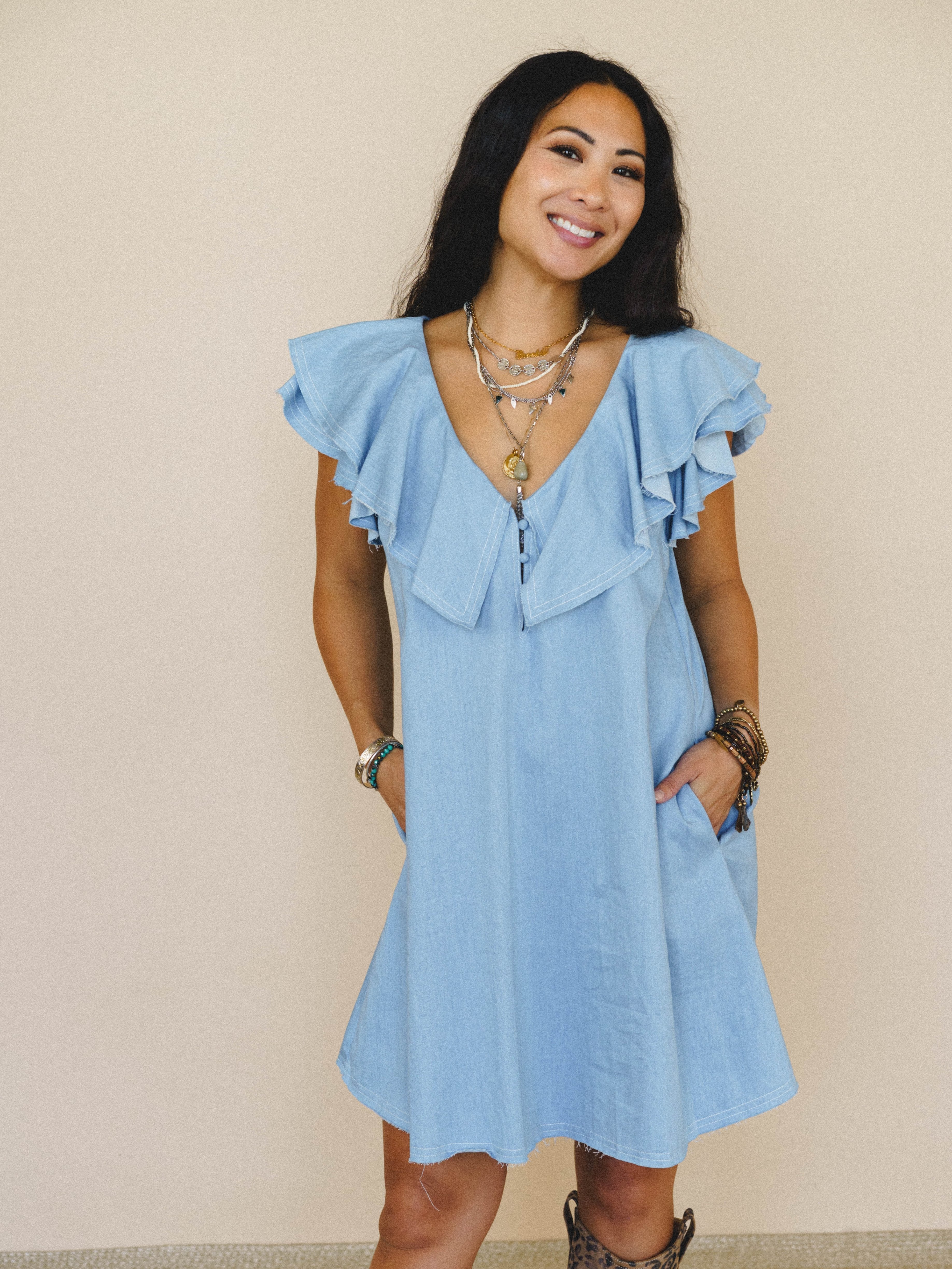 denim dress festival Pansy Scoop Neck Flounce Hem Maxi consider sizing up Avec Les Filles Women's Tie-Dye
