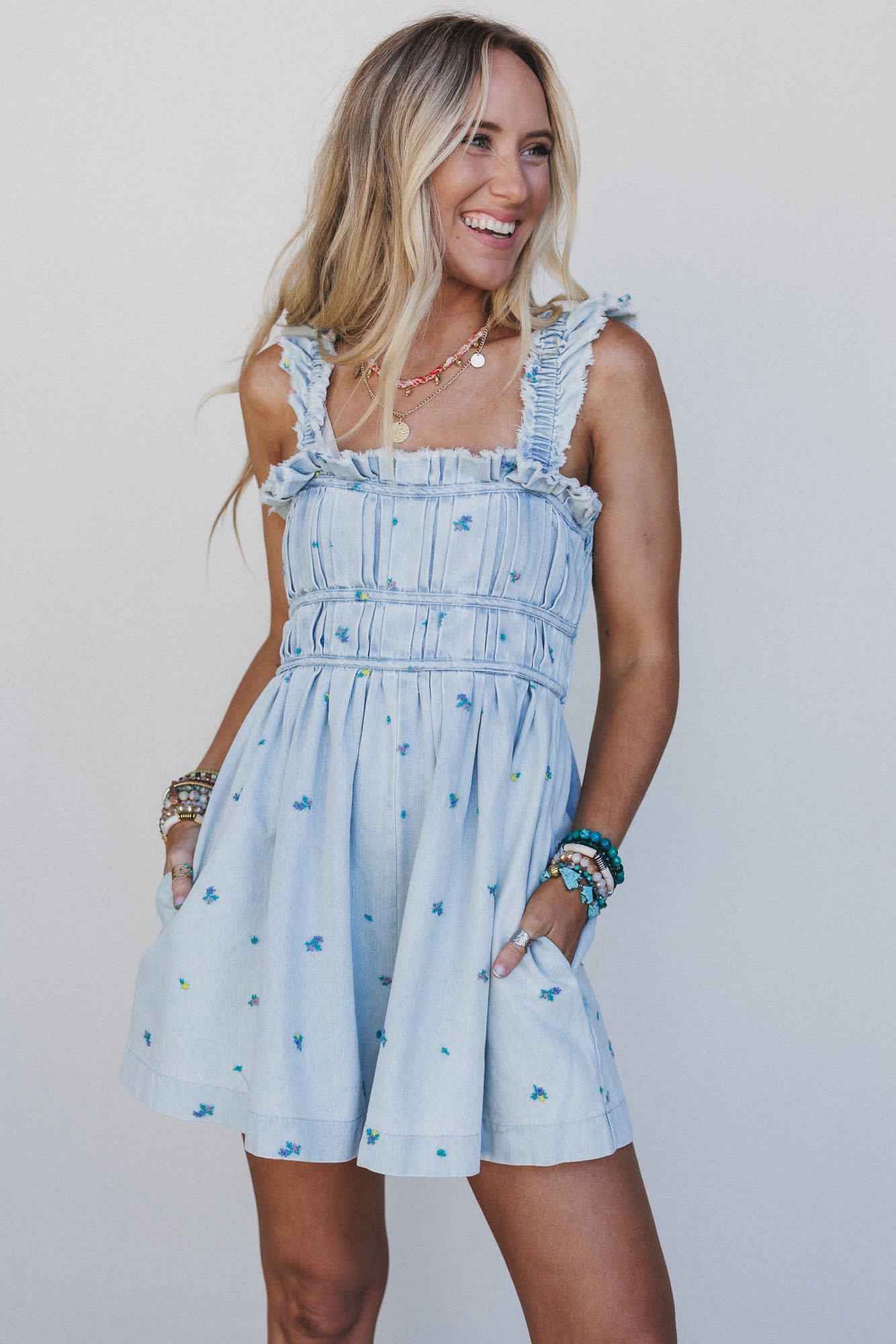 Selina Floral Denim Romper — Three Bird Nest