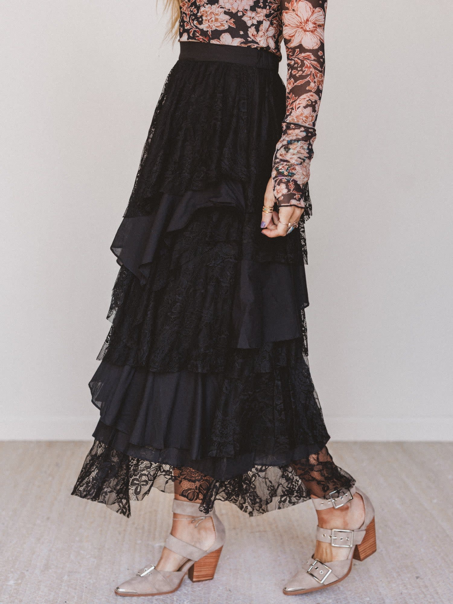 black lace full skirt dress Black Lace Maxi Ruffle Dress