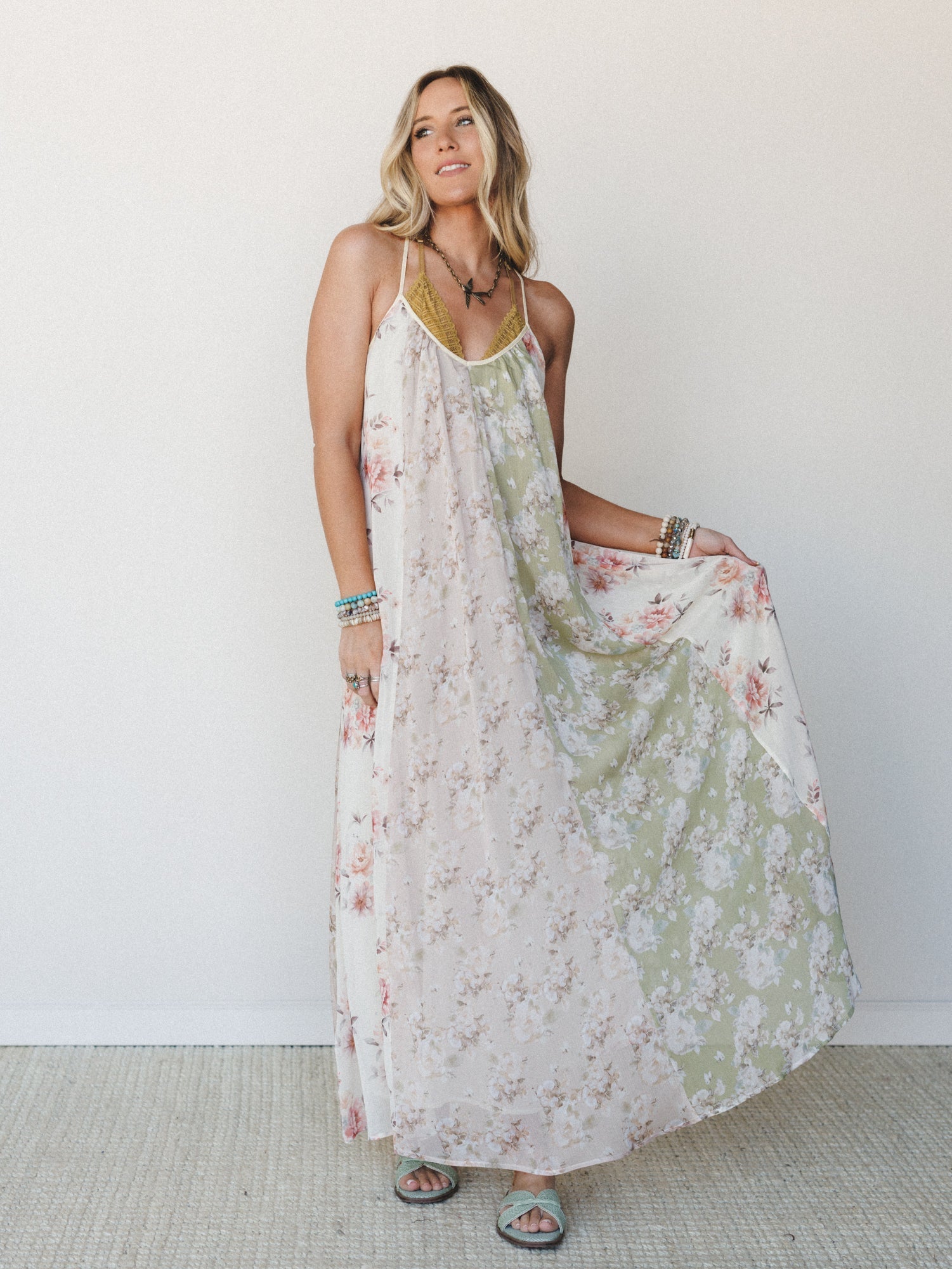 cream flowy dress Miss Me Women's Maxi w/ Smocked Waist & Tassels MD1731S 32 This chiffon mini dress features a flattering empire waist with an adjustable drawstring under the bust Reclaimed Vintage maxi dress in