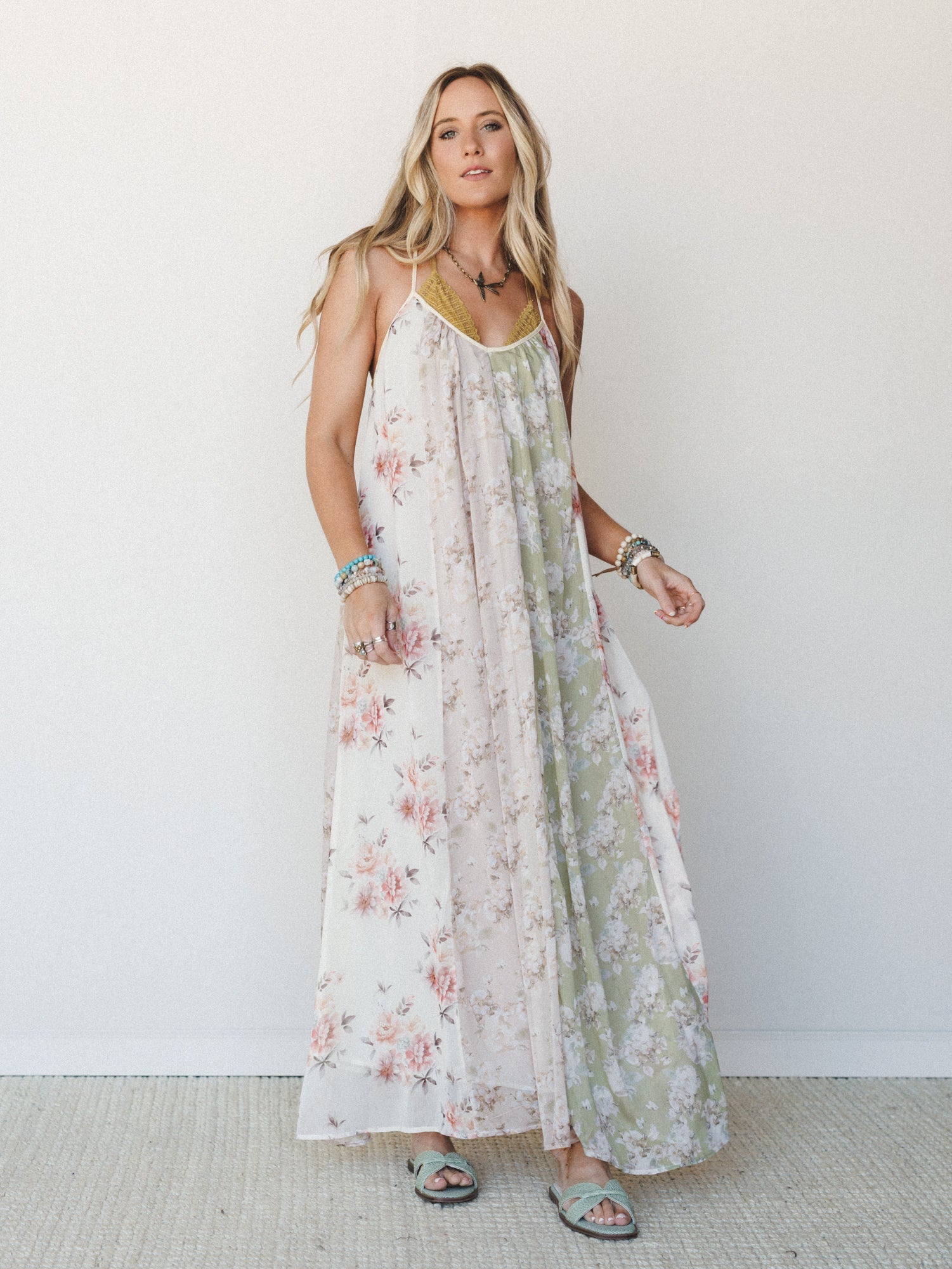 cream flowy dress Midi The Broken Levee Boutique Adjustable Spaghetti Straps Floral Memories Maxi Dress -