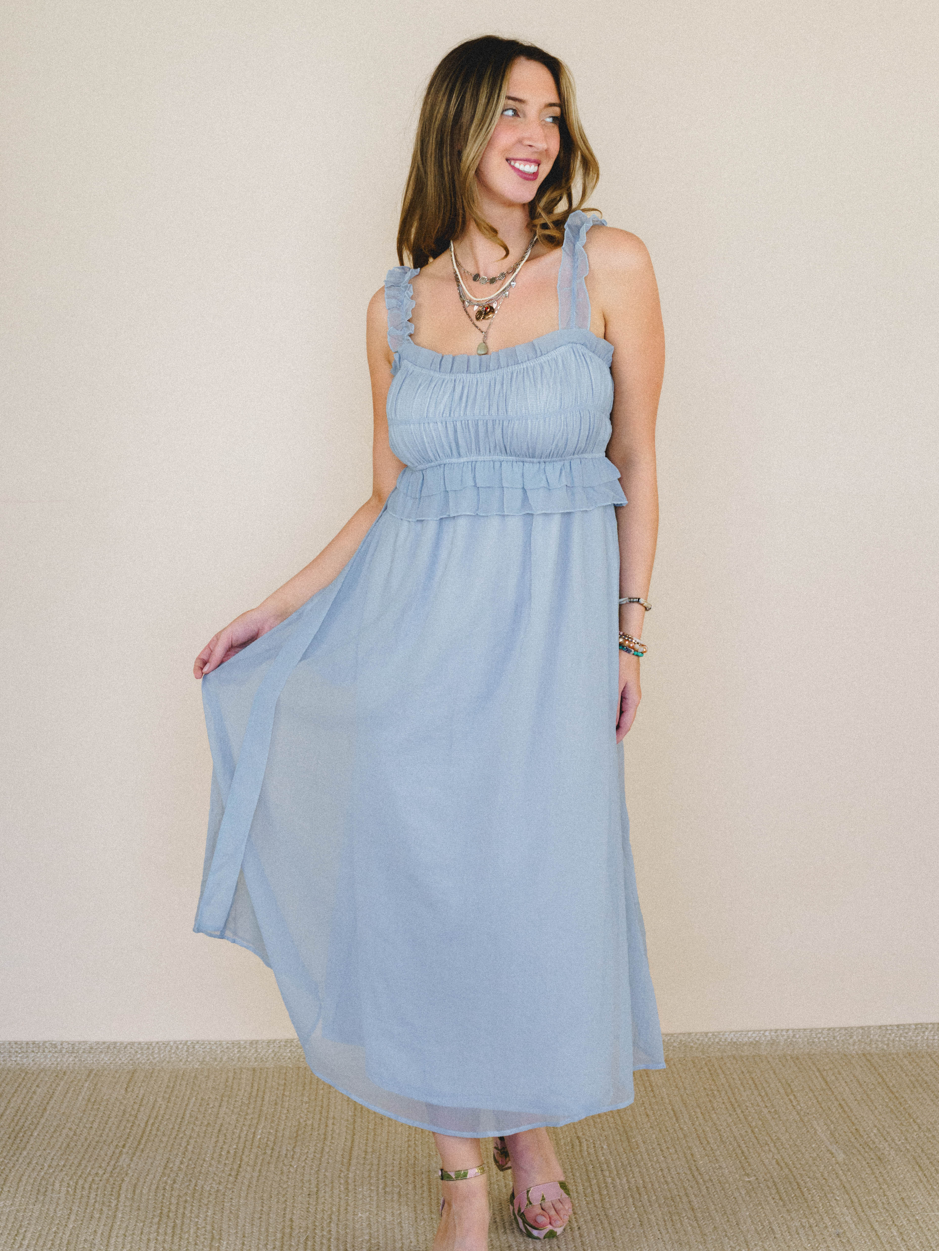 blue brunch dress Casual Mineral Wash Mini in Designed in a soft blue and white floral print Girls Brunch Ribbed T-shirt Mini