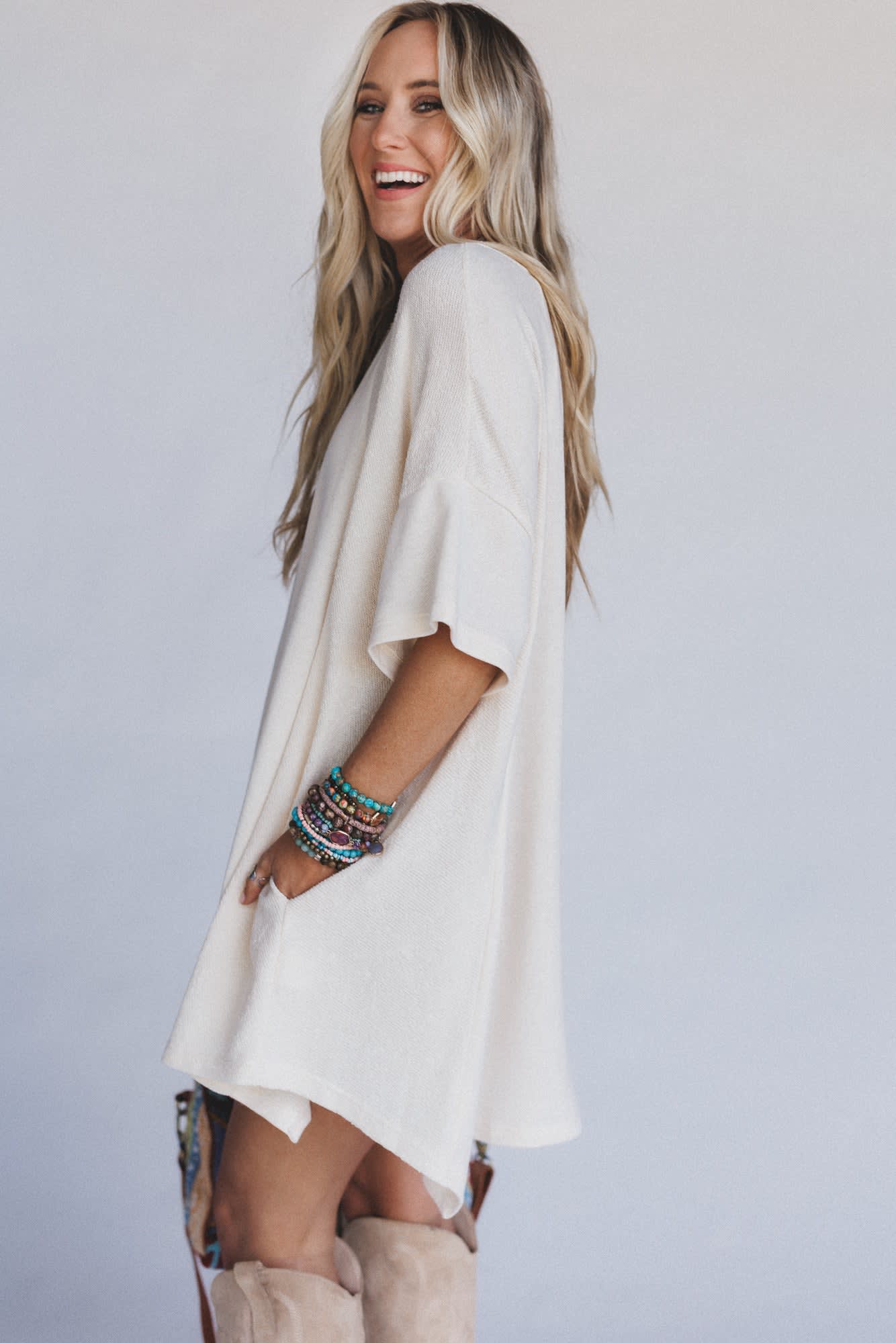 beige tunic dress Striped tunic dress