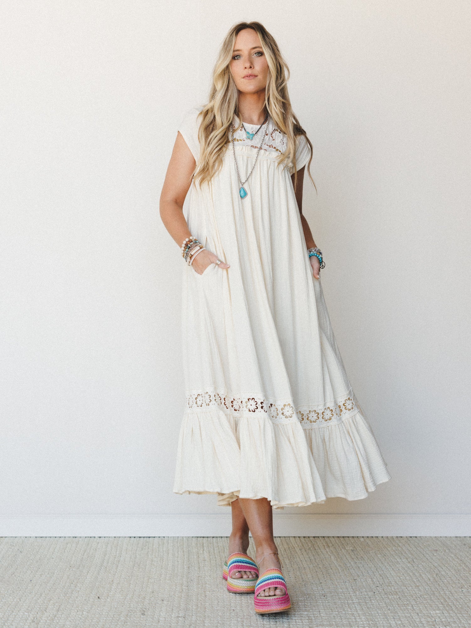 cream and turquoise dress Cream with Brown Turquoise Hostess Gown