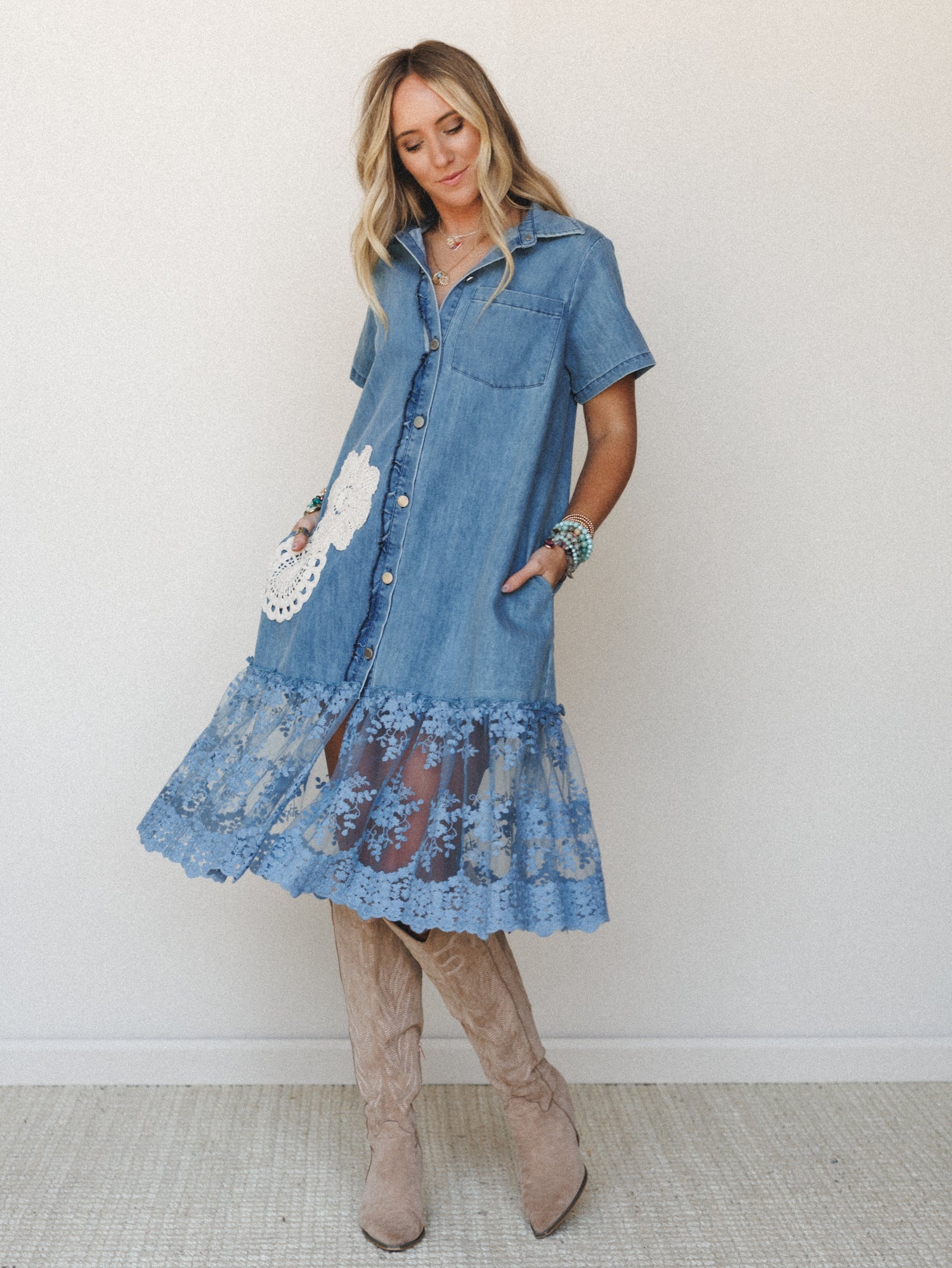 floral denim dress Washed Denim / L and the gently flared hem allows for easy movement Embroidered Flower Denim Dress