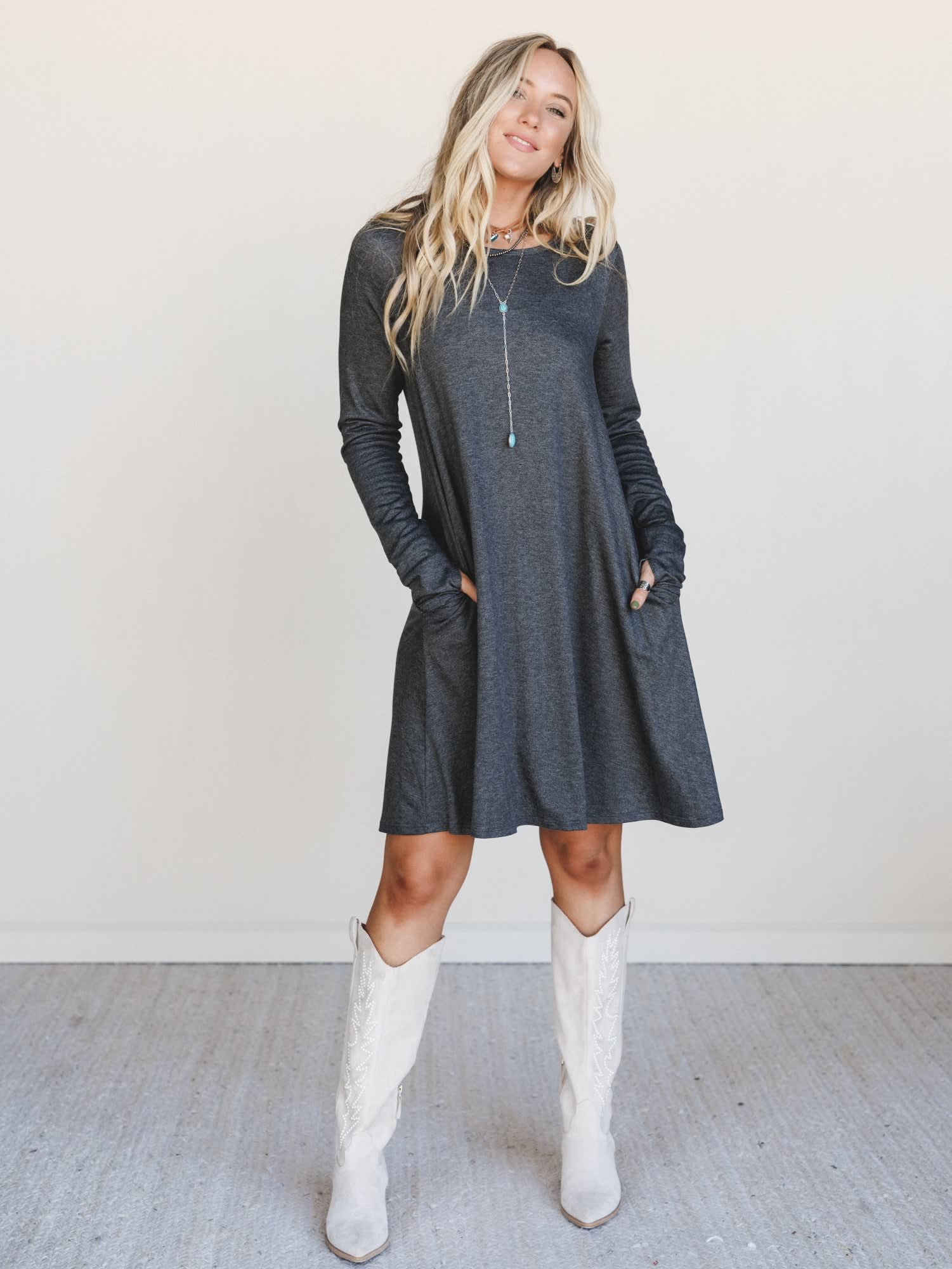 long sleeve crewneck dress The Long Sleeve Crew Dress, Stone / 00