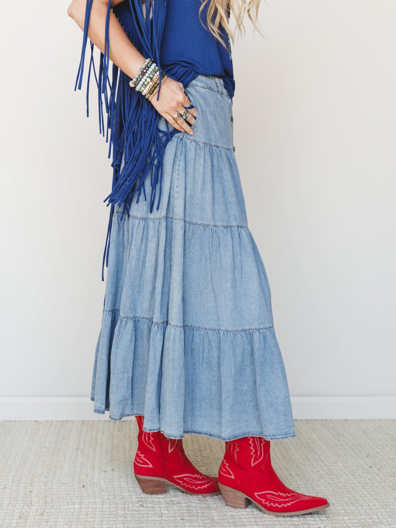 Country Mart Tiered Maxi Skirt - Denim Davi & Dani Country Mart Tiered Maxi Skirt - Denim Davi & Dani